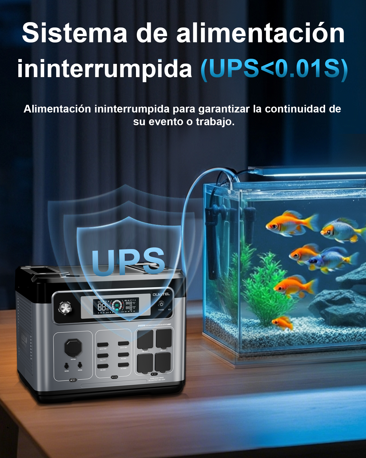 Una central eléctrica portátil Oukitel plateada y negra con pantalla iluminada.