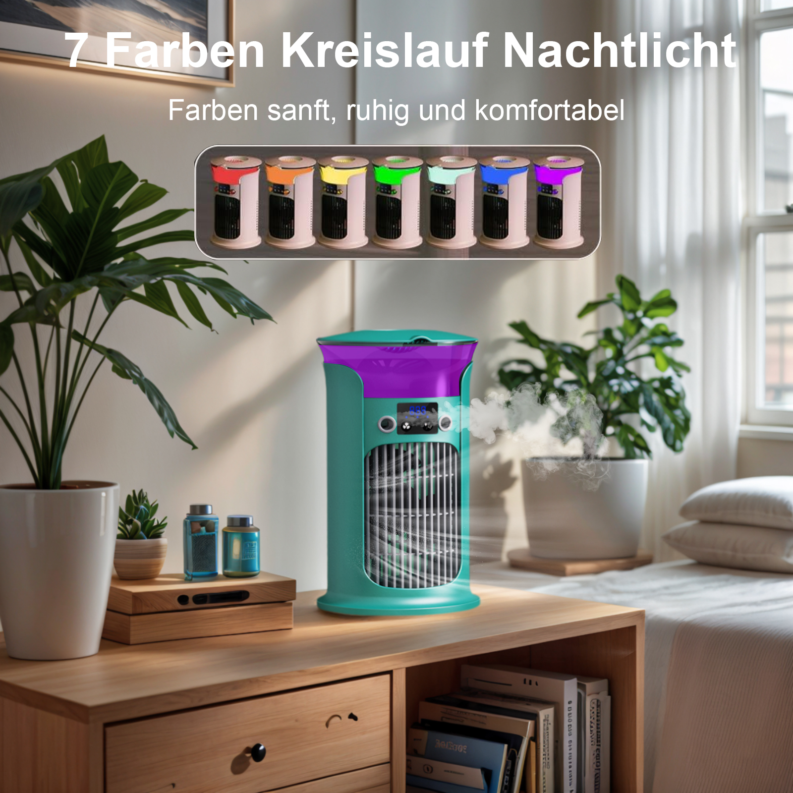 Ein tealfarbener Luftkühler mit violem Oberteil gibt Dampf ab.