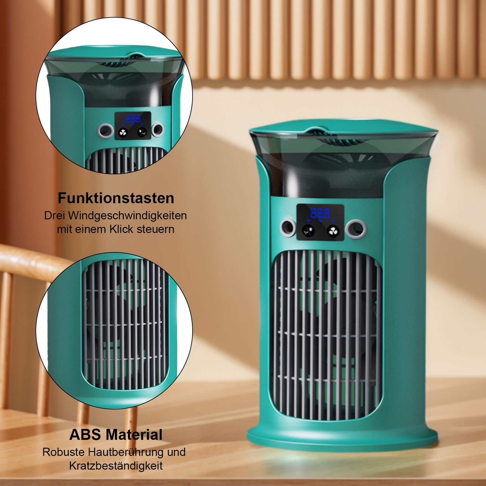 Ein turkiser Ventilator mit digitaler Anzeige und Lüftungsschlitzen.