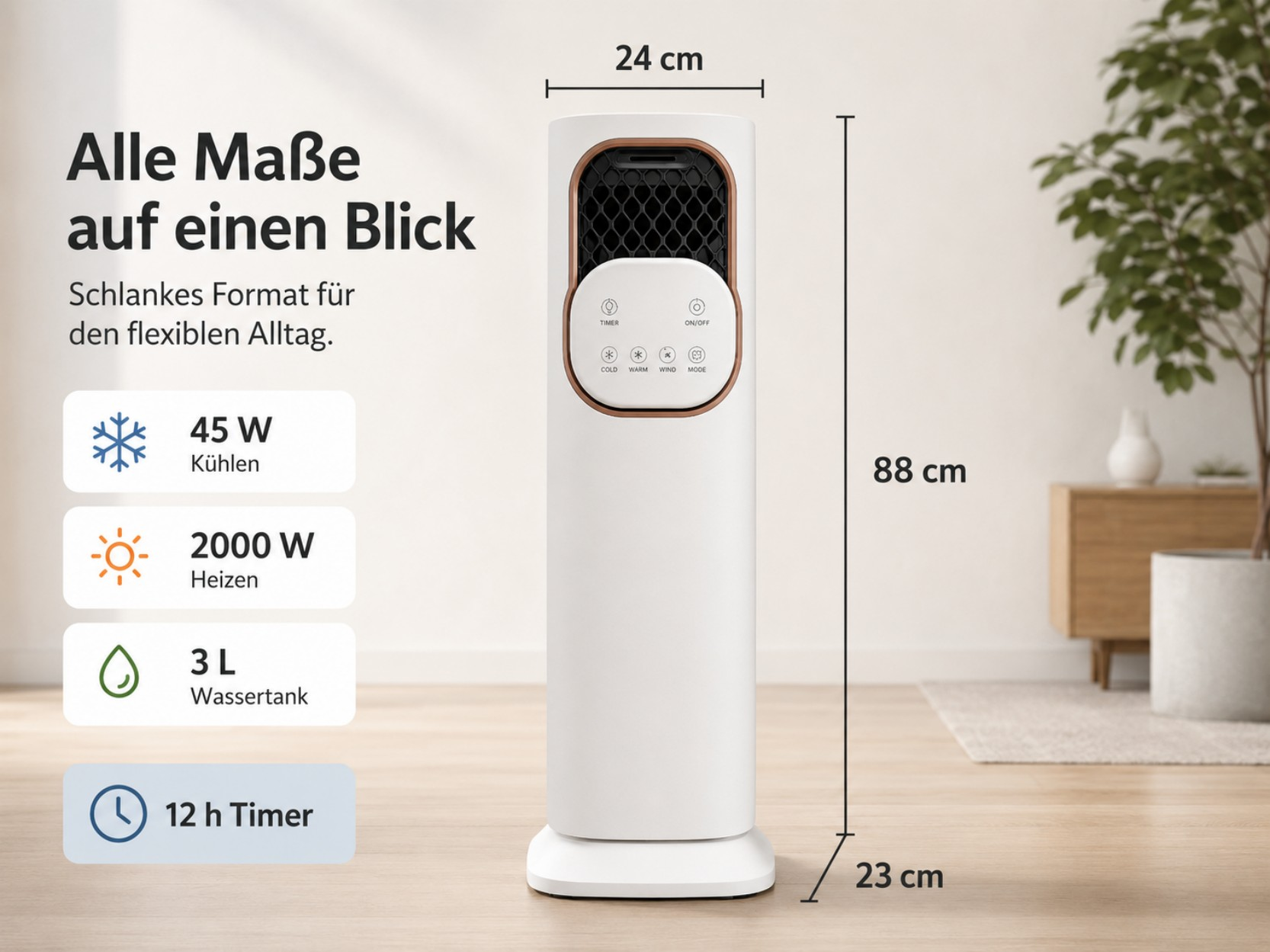 Ein weißer Turmventilator mit Bedienelementen und Maßen: 24cm breit, 88cm hoch, 23cm tief.