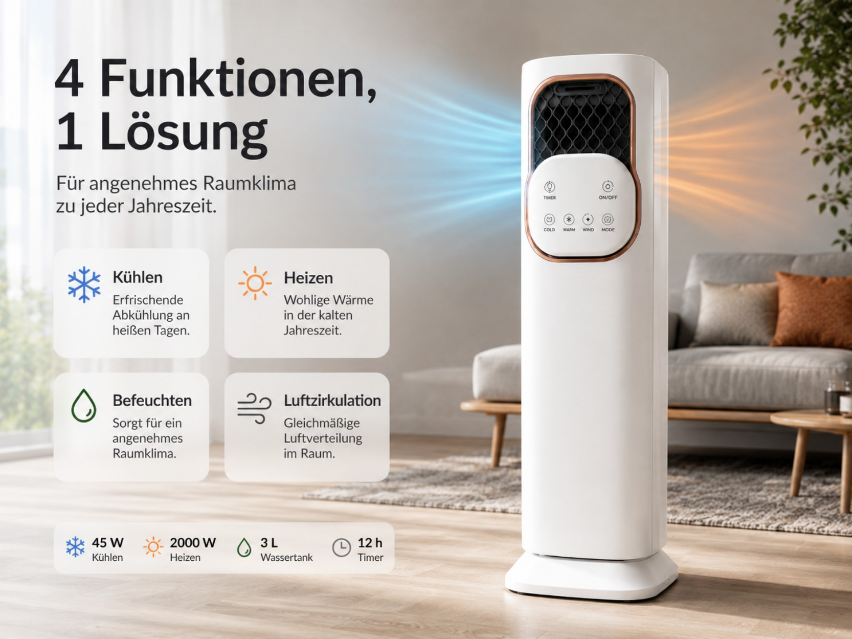 Ein weißer Turmlüfter mit blauen und orangen Luftstromanzeigen, der vier Funktionen bietet.