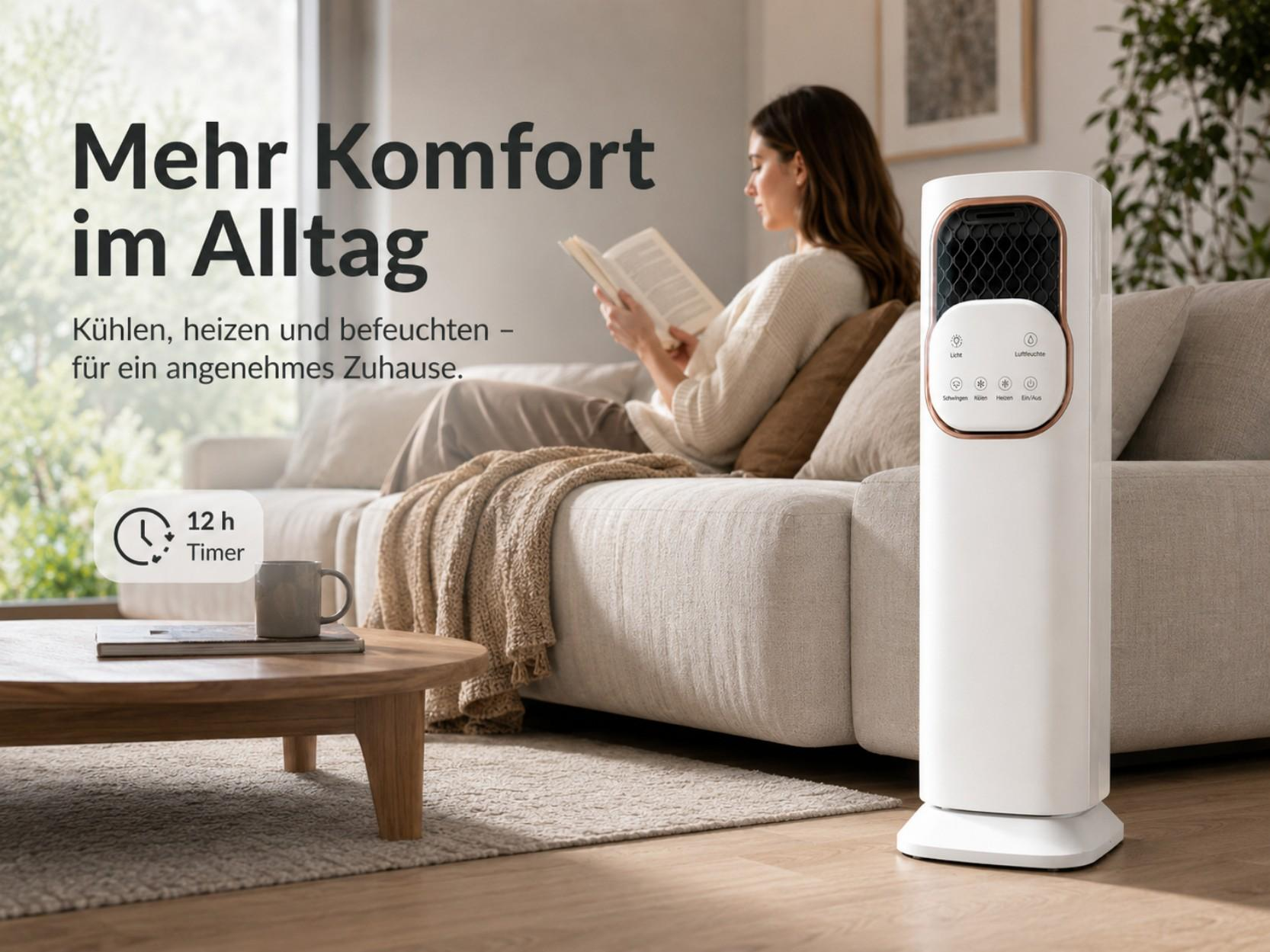 Eine Frau liest auf einem Sofa, ein weißer Luftreiniger steht daneben.