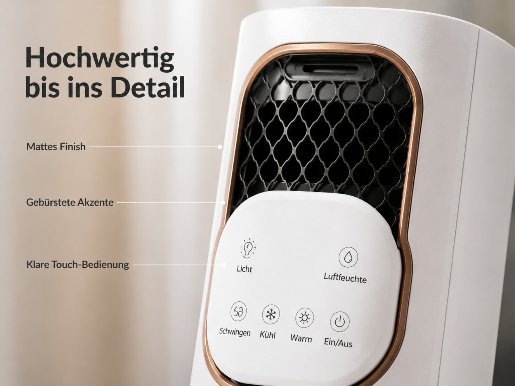 Ein weißes Gerät mit Touch-Bedienfeld und Kupferakzenten.