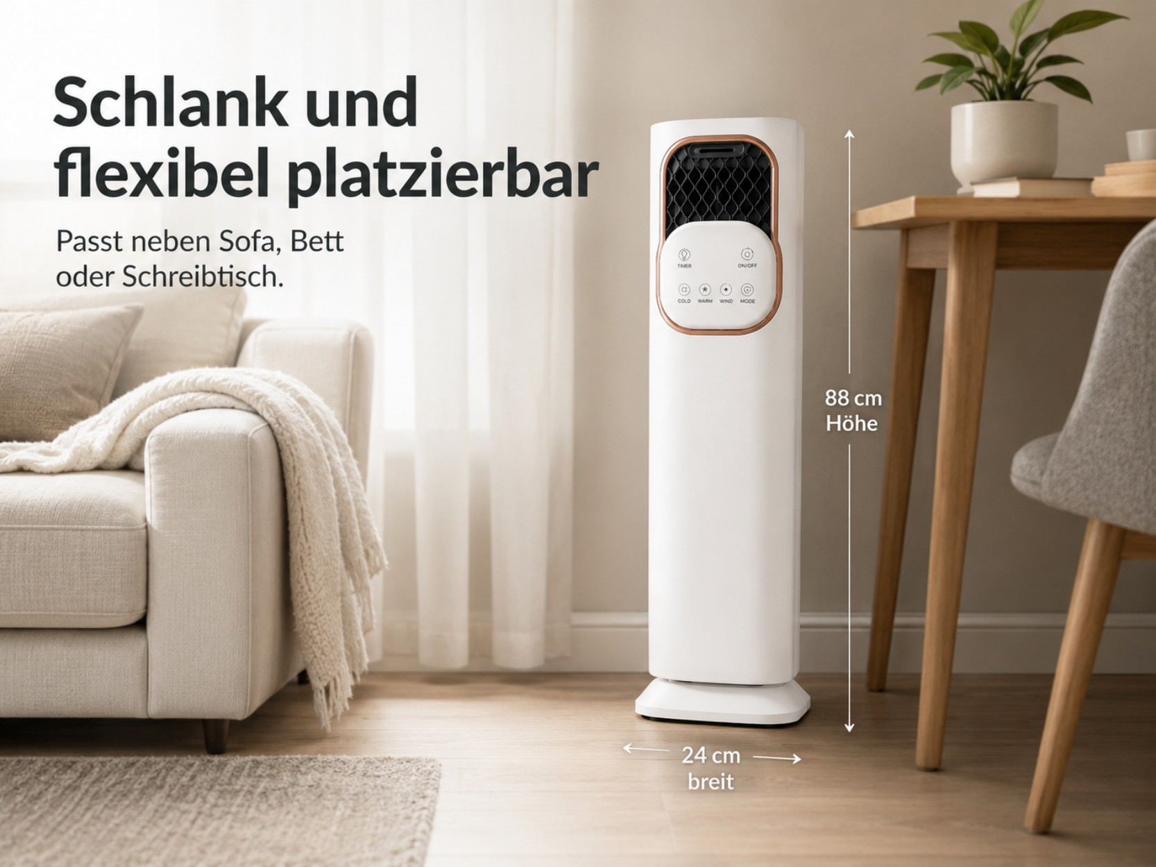 Schlanker weißer Turmventilator neben Sofa und Tisch. Maße: 88x24cm.