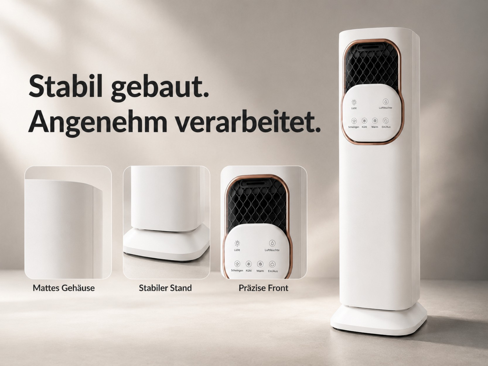 Ein weißer Turmventilator mit Bedienelementen und drei Detailansichten.