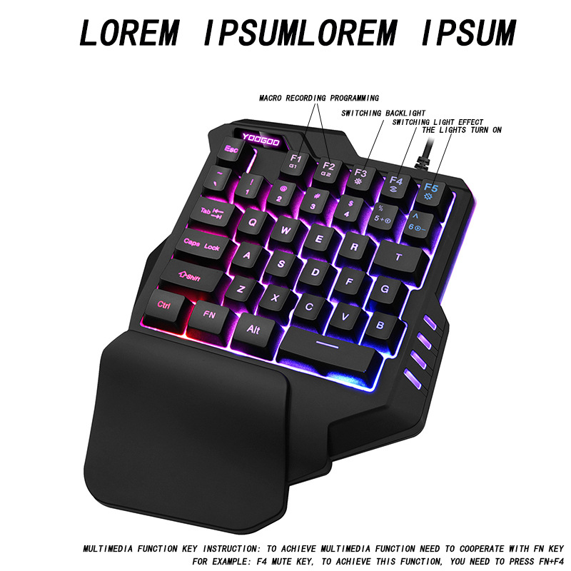 Eine schwarze Gaming-Tastatur mit anpassbarer RGB-Hintergrundbeleuchtung. Mit Makro-Tasten und Handballenauflage.