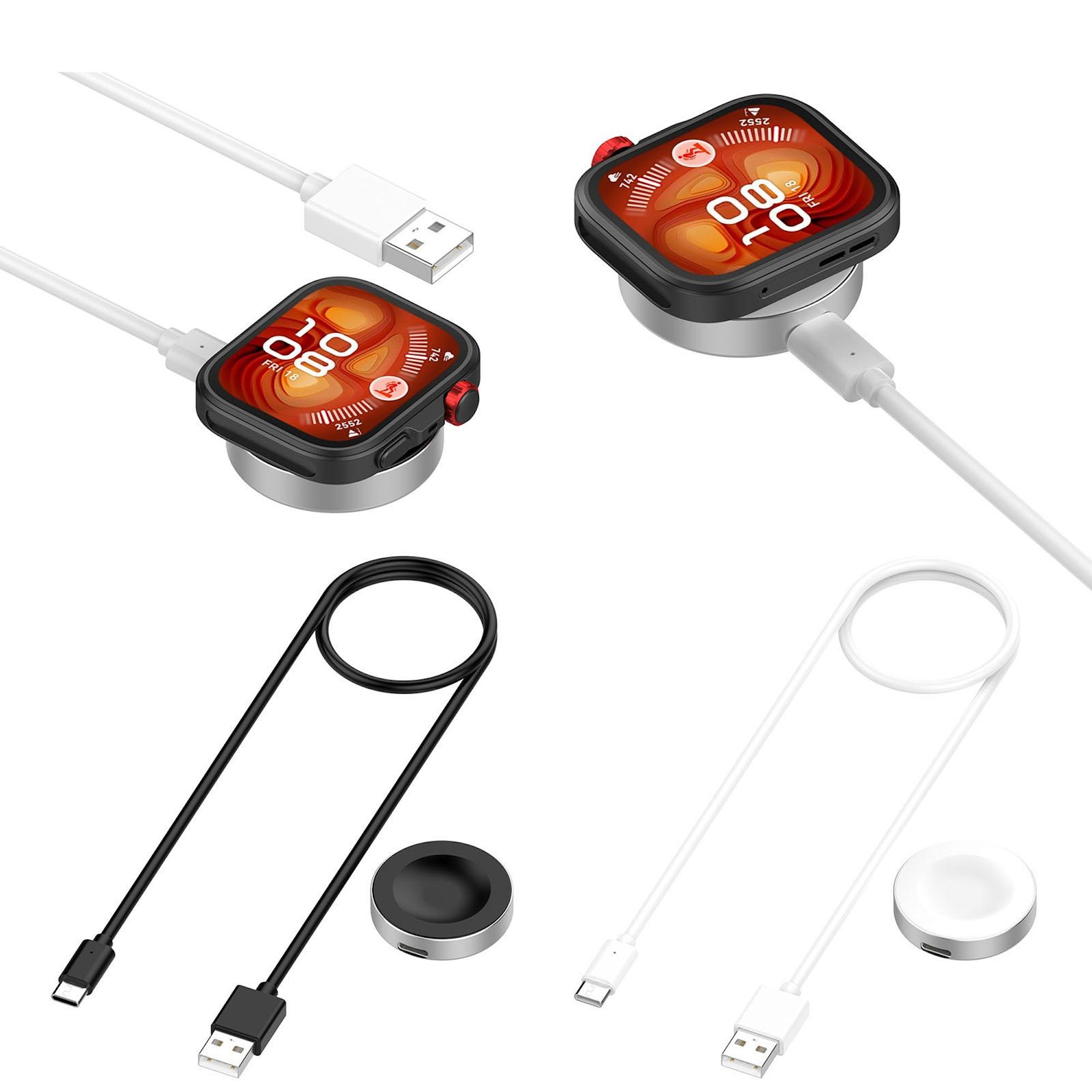 Zwei Smartwatches mit Ladekabeln und USB-Adaptern auf weißem Grund.