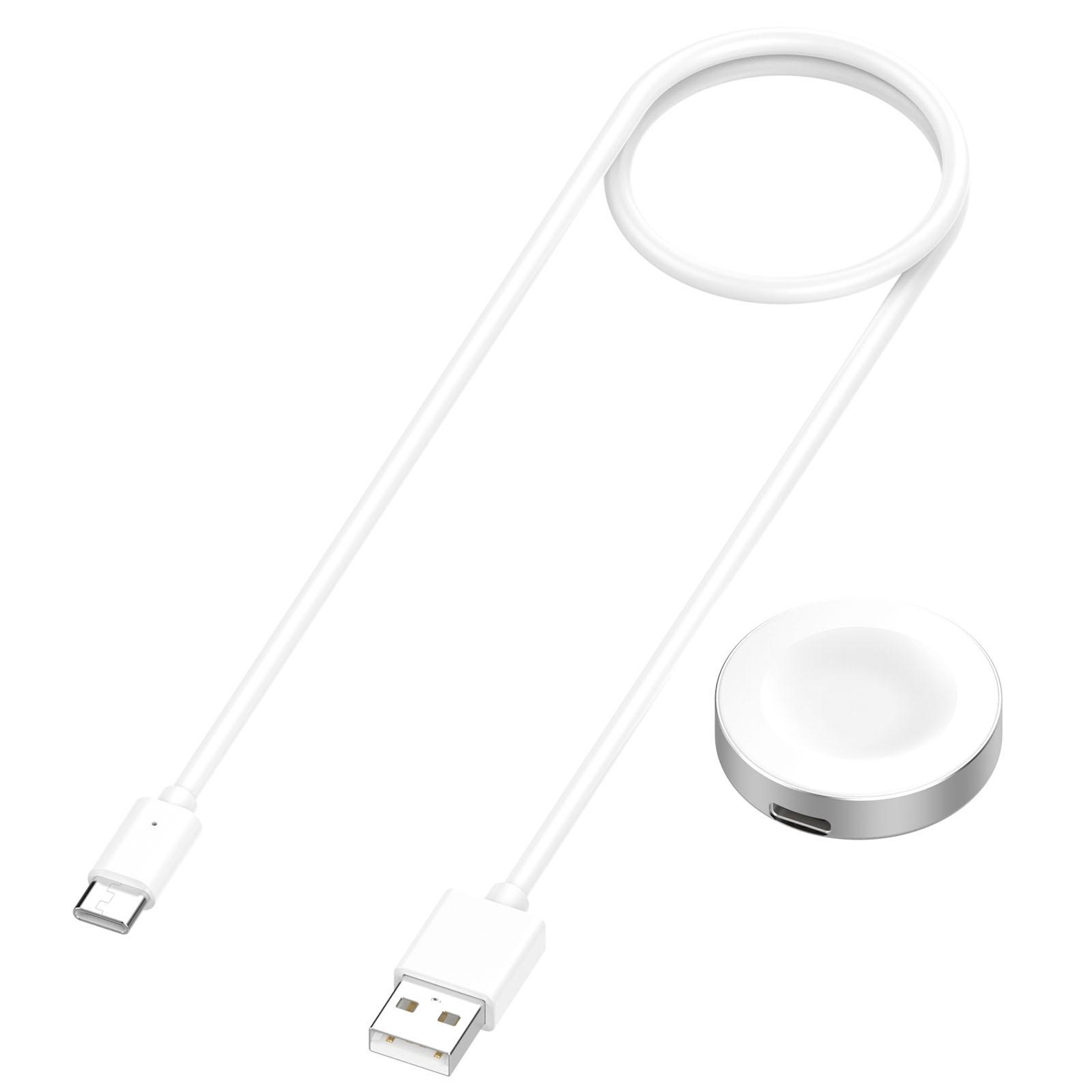 Weißes Ladekabel mit USB-A und USB-C Anschlüssen und einer runden Ladestation.
