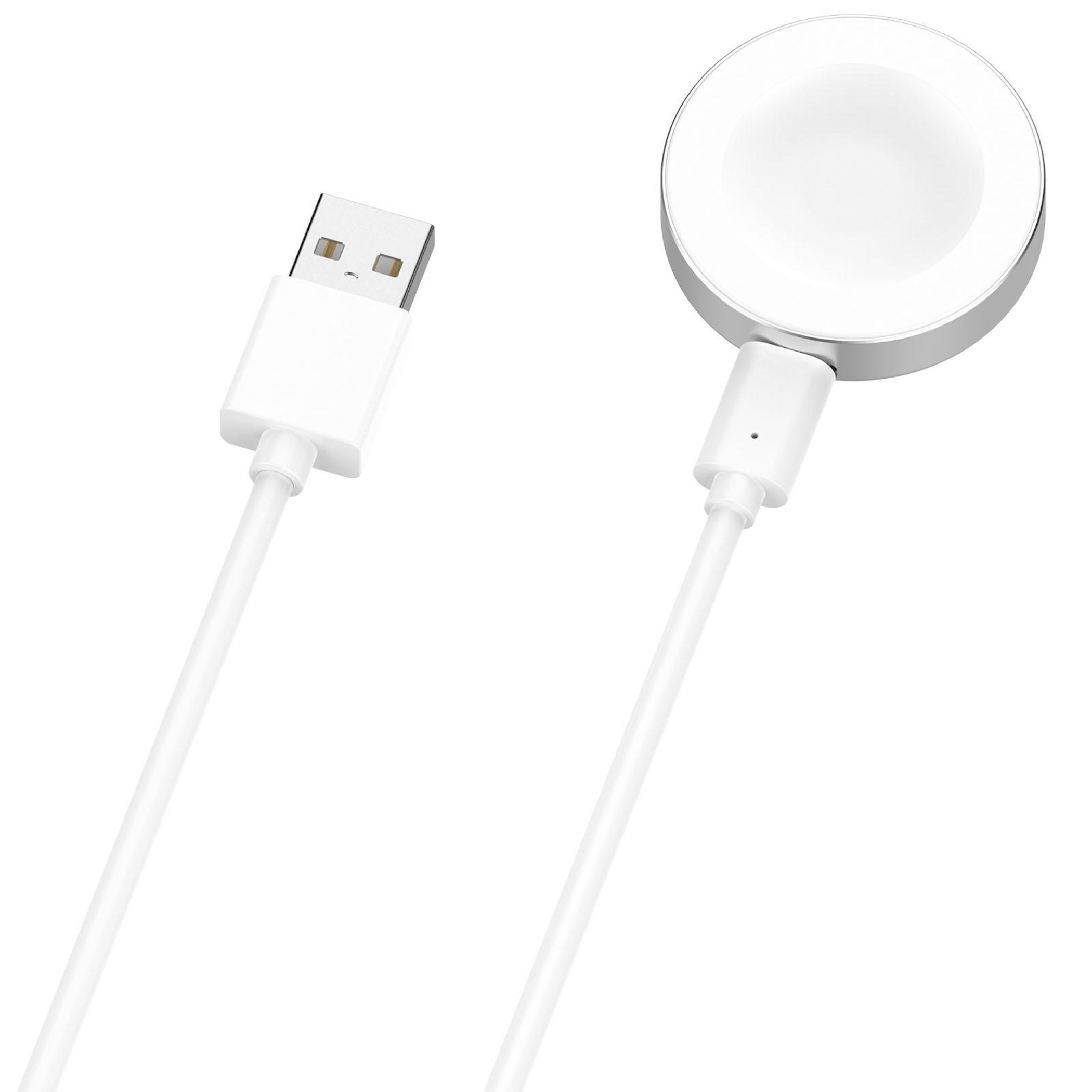 Ein weißes USB-Kabel mit einem runden weißen Ladegerät.