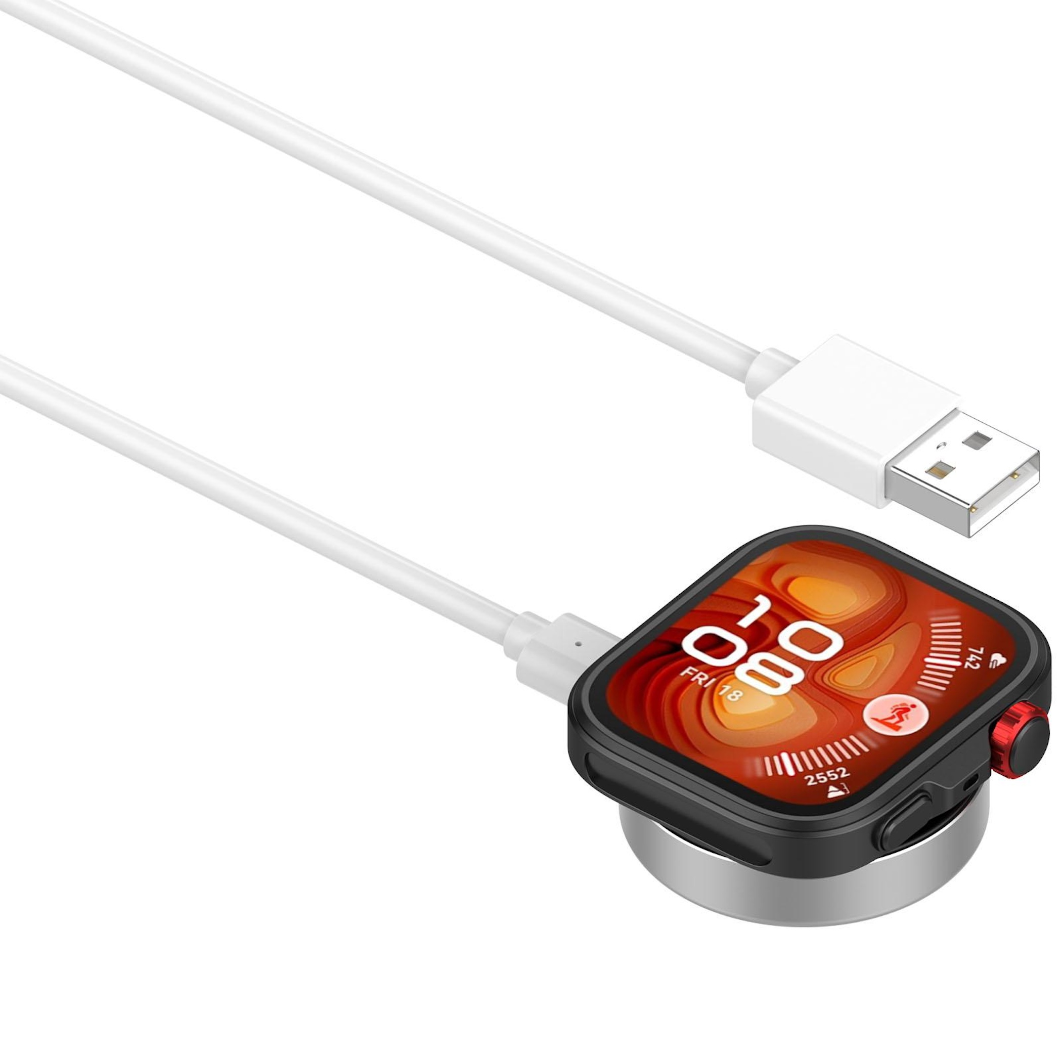 Ein weißes USB-Kabel lädt eine Smartwatch mit rotem Zifferblatt und Sport-Symbol.