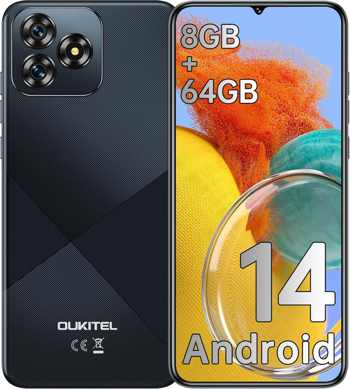 Teléfono inteligente azul oscuro con cámara triple y pantalla Android 14.