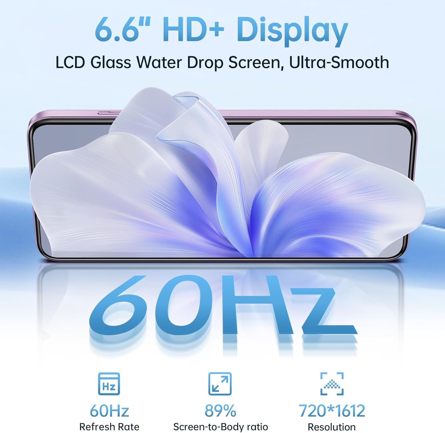 Un smartphone con pantalla HD+ de 6,6 pulgadas, 60 Hz y relación pantalla-cuerpo del 89%.