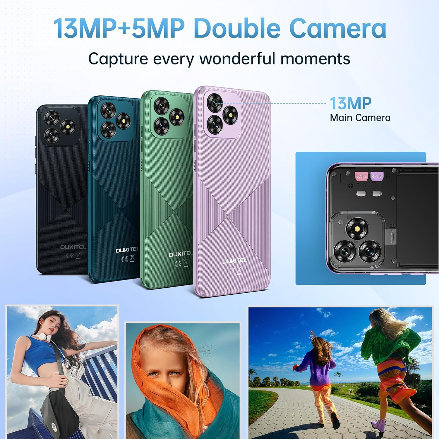 Cuatro smartphones en negro, azul, verde y morado. Tres imágenes pequeñas: mujer con auriculares, niña con bufanda, dos niñas corriendo.