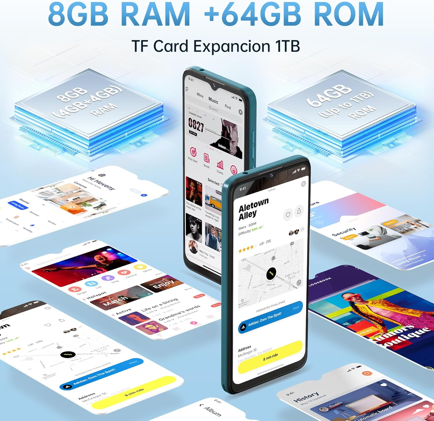 Gráfico muestra smartphones con pantallas de apps y especificaciones como 8GB RAM y 64GB ROM.
