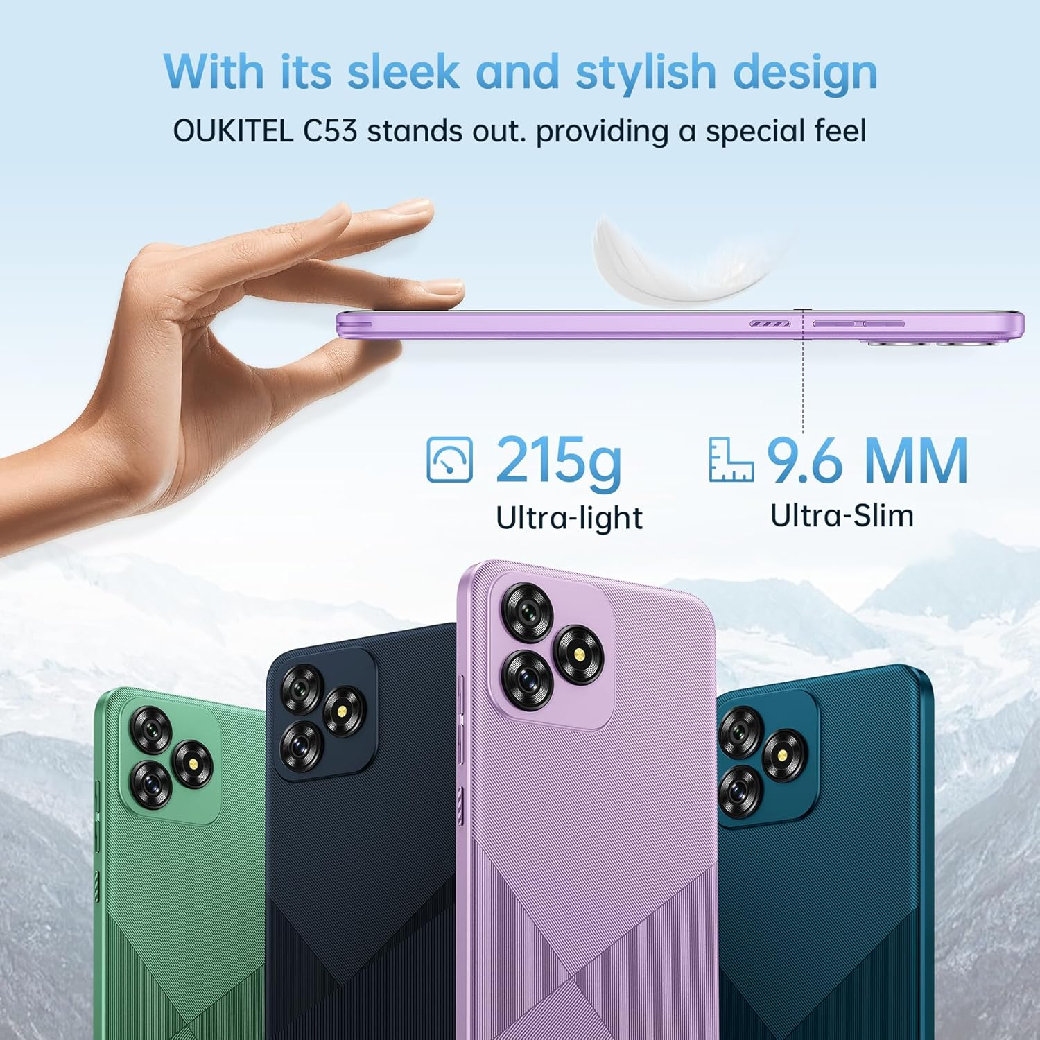 Una mano sostiene un teléfono morado. Se muestran cuatro teléfonos verde, azul marino, morado, verde azulado.