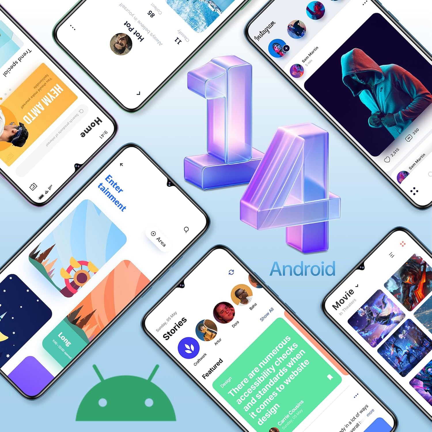 Número 14 con logo de Android y pantallas de teléfono. Varias apps abiertas.