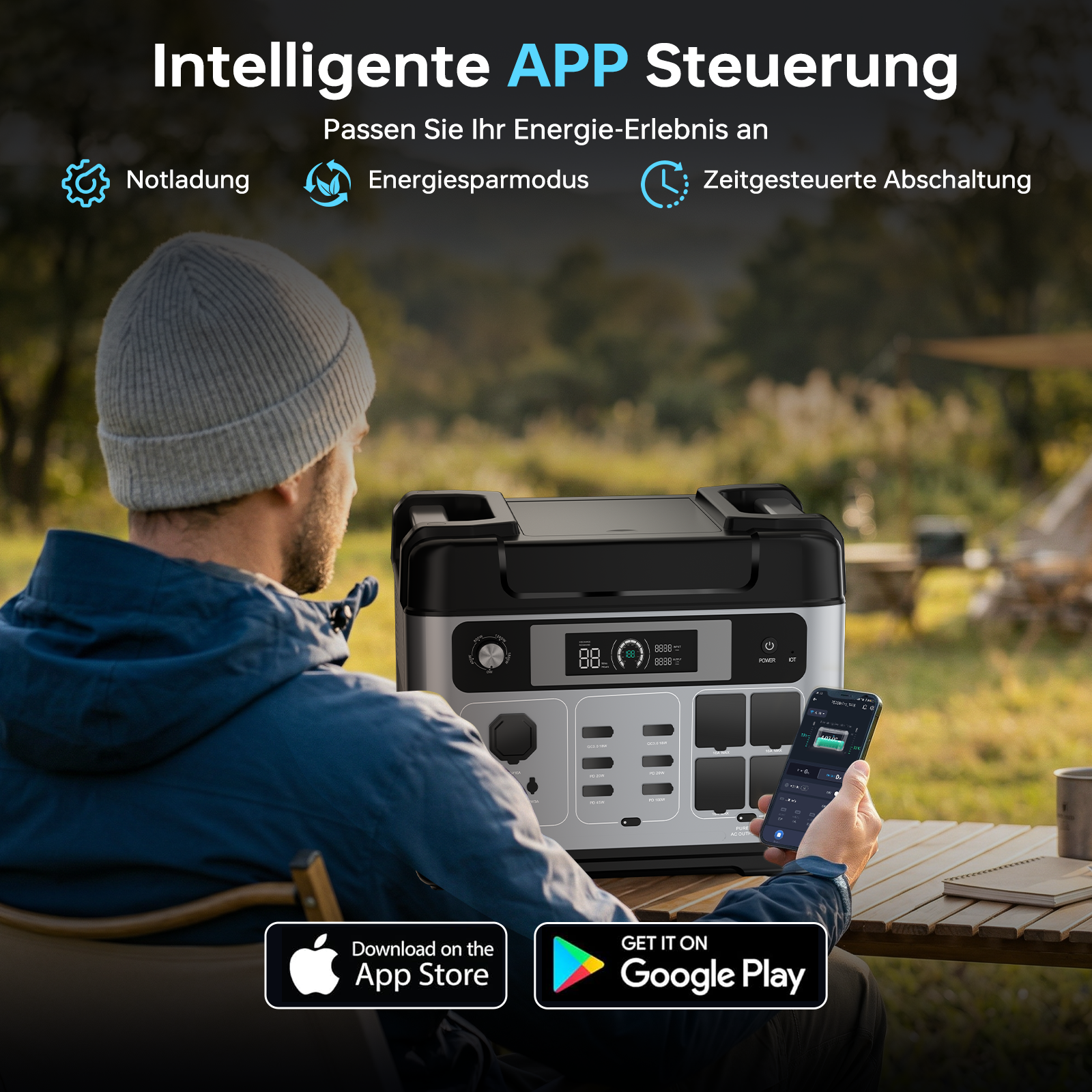 Hombre controla una central eléctrica con app al aire libre. La app ofrece carga de emergencia, modo eco.