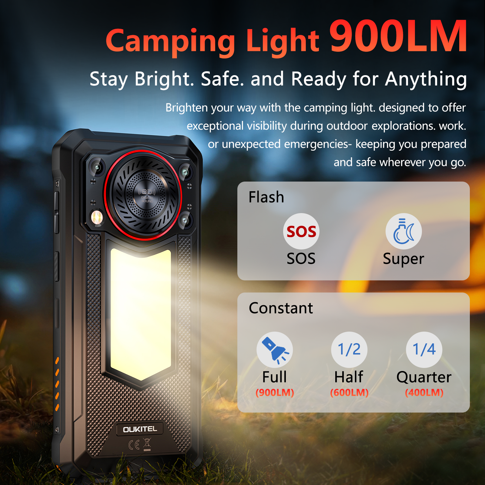 Una linterna de camping robusta con varios modos: Flash, SOS, Súper, Completo, Medio, Cuarto.