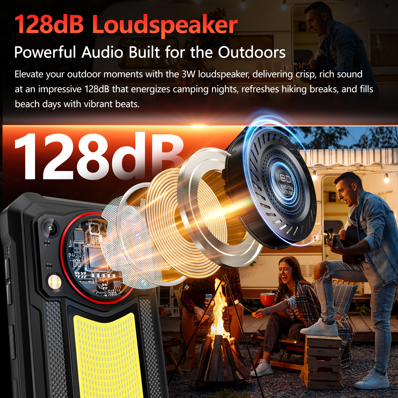 Un altavoz de 128dB usado al aire libre, con gente alrededor de una fogata.