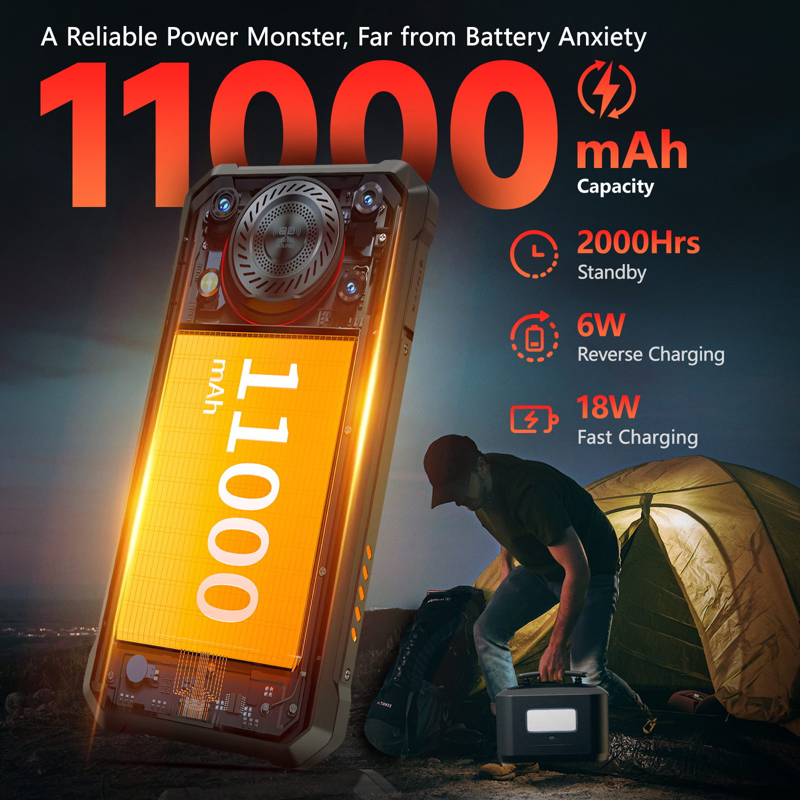 Un hombre carga un power bank junto a una tienda. Un smartphone muestra 11000 mAh.