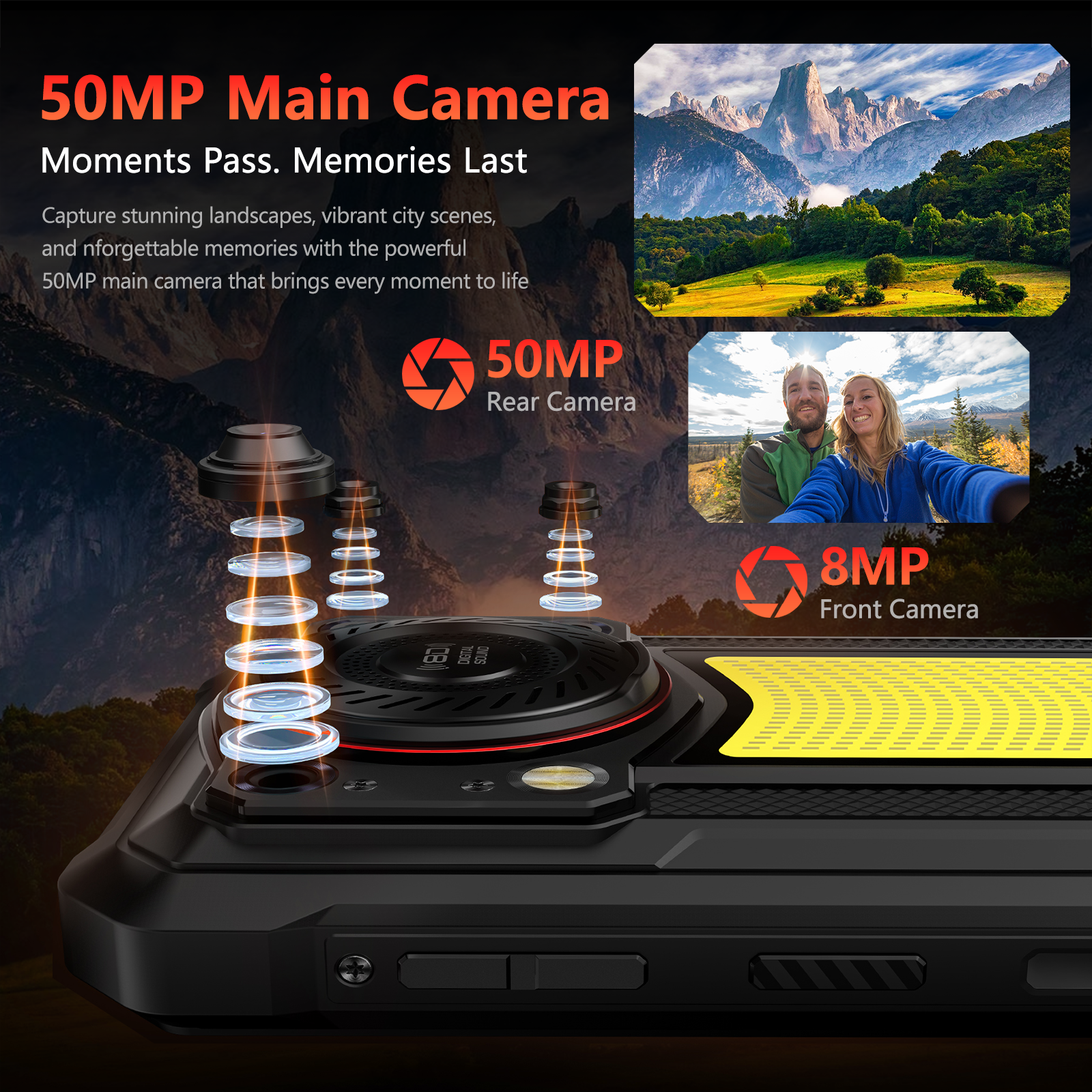 Un teléfono con cámara principal de 50MP, cámara trasera de 50MP y frontal de 8MP.