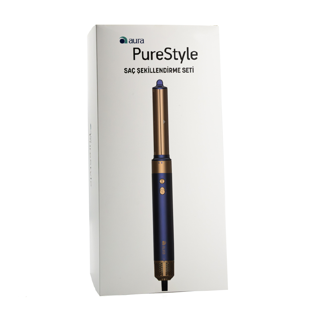 Aura PureStyle saç şekillendirme seti kutusu. Mavi ve altın rengi bir cihaz gösteriliyor.