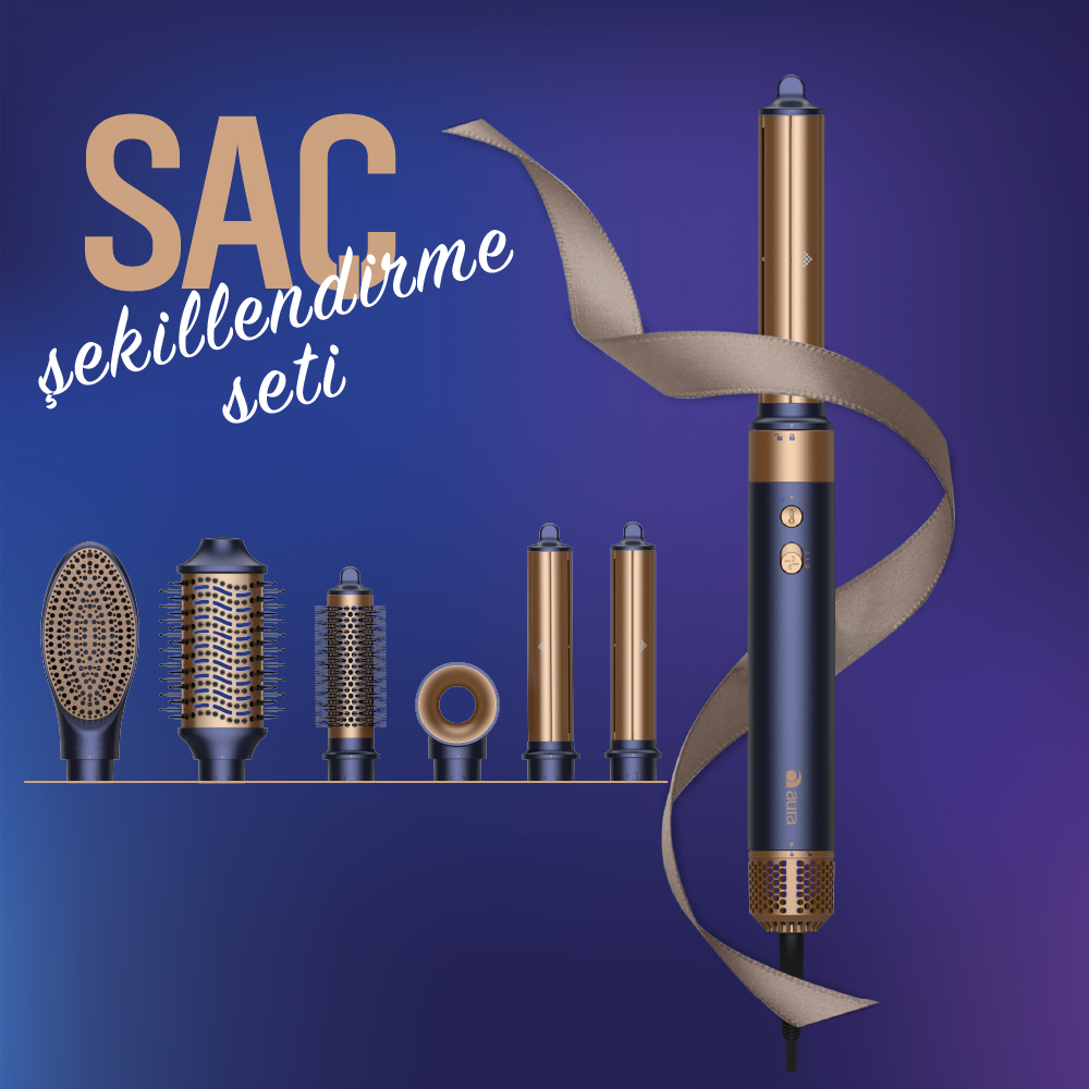 Mavi ve altın rengi saç kurutma makinesi ve aparatlarından oluşan bir set.