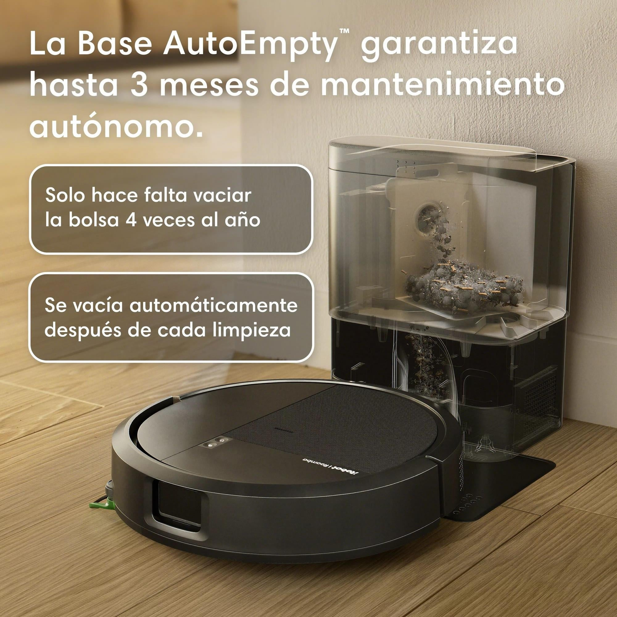 Un robot aspirador negro junto a su base de carga con un depósito de suciedad lleno.