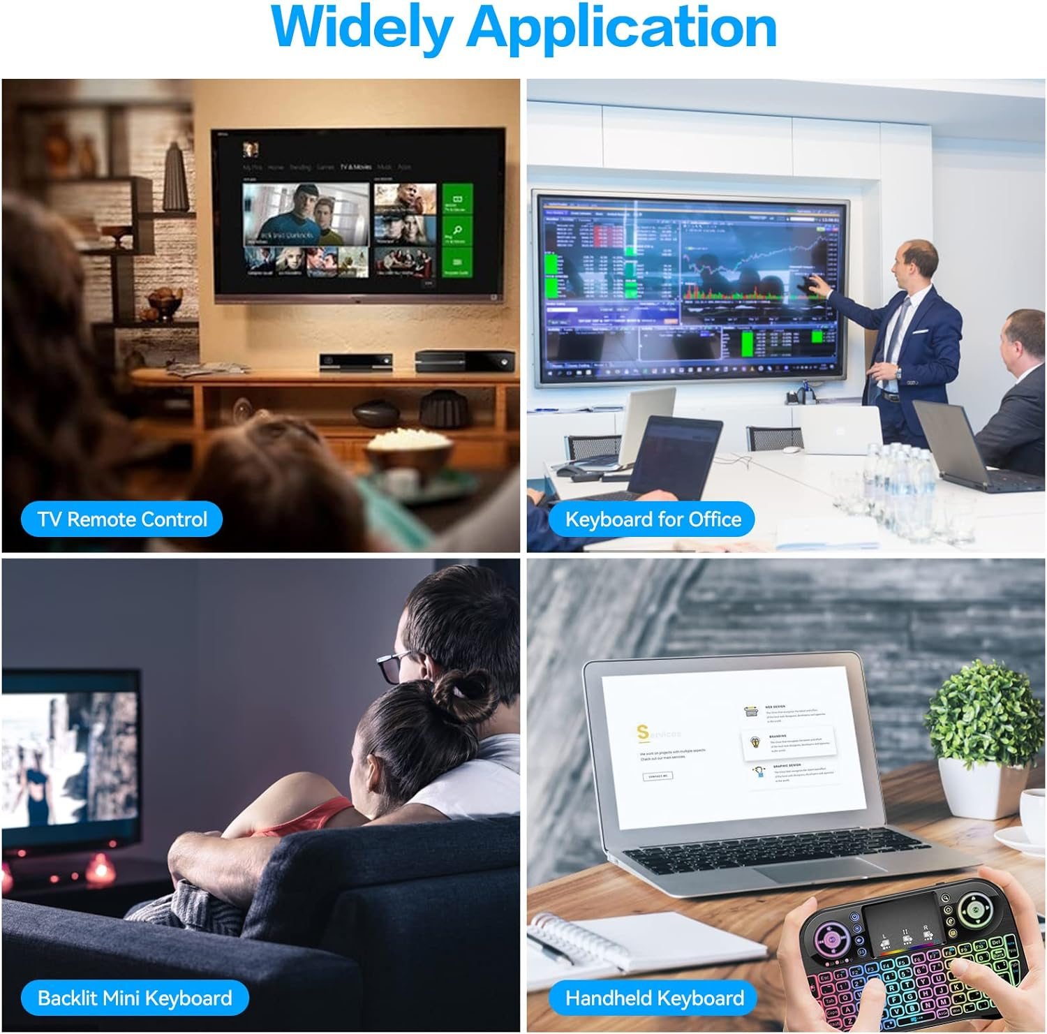 Vier Bilder zeigen Anwendungen: TV-Fernbedienung, Bürotastatur, Paar schaut TV, Handheld-Tastatur.