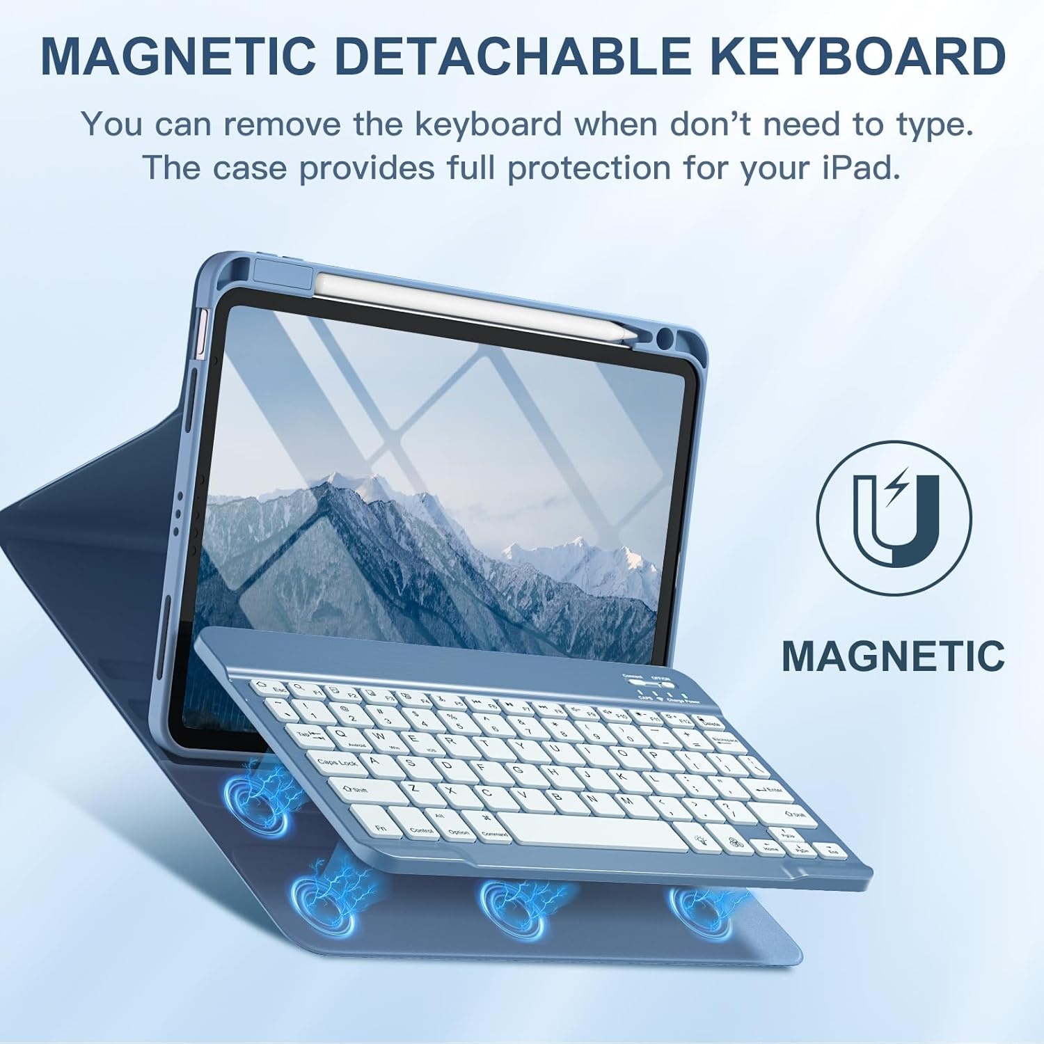 Ein blaues iPad mit abnehmbarer Tastatur und einem Bergmotiv auf dem Bildschirm.