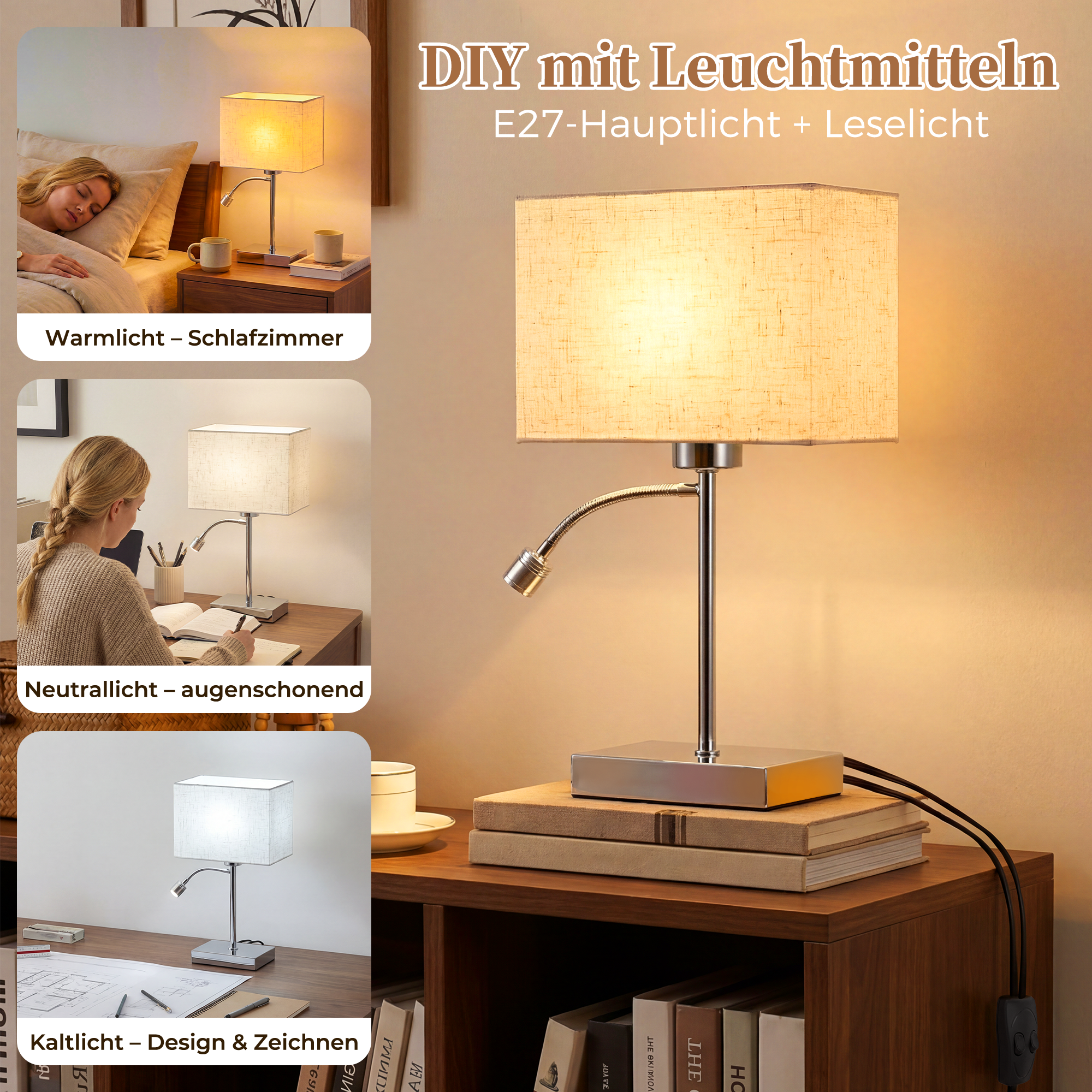Lámpara de escritorio con luz cálida, neutra y fría, en dormitorio y oficina.