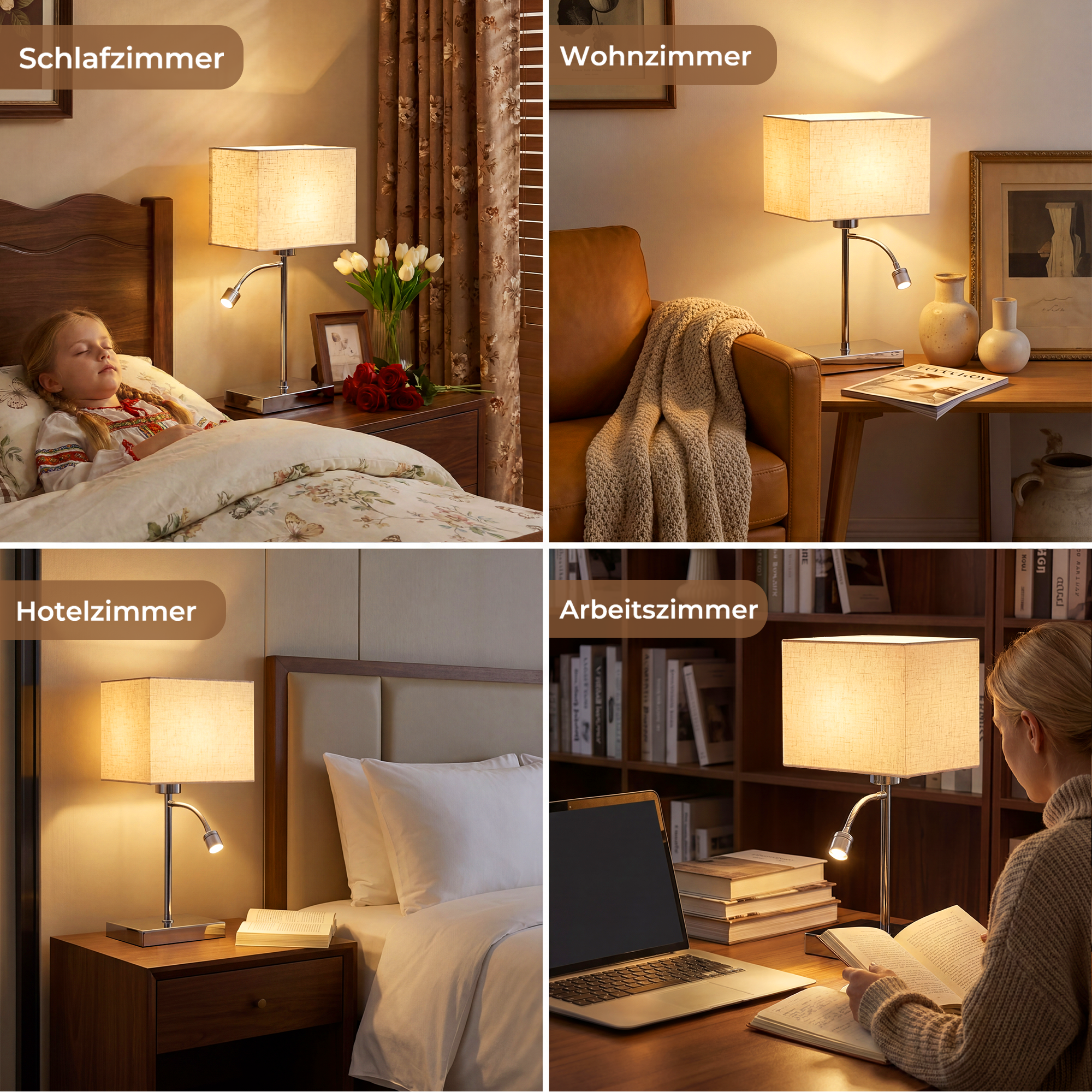 Cuatro escenas: niño durmiendo, sala con sofá, habitación de hotel con cama, escritorio con mujer leyendo.