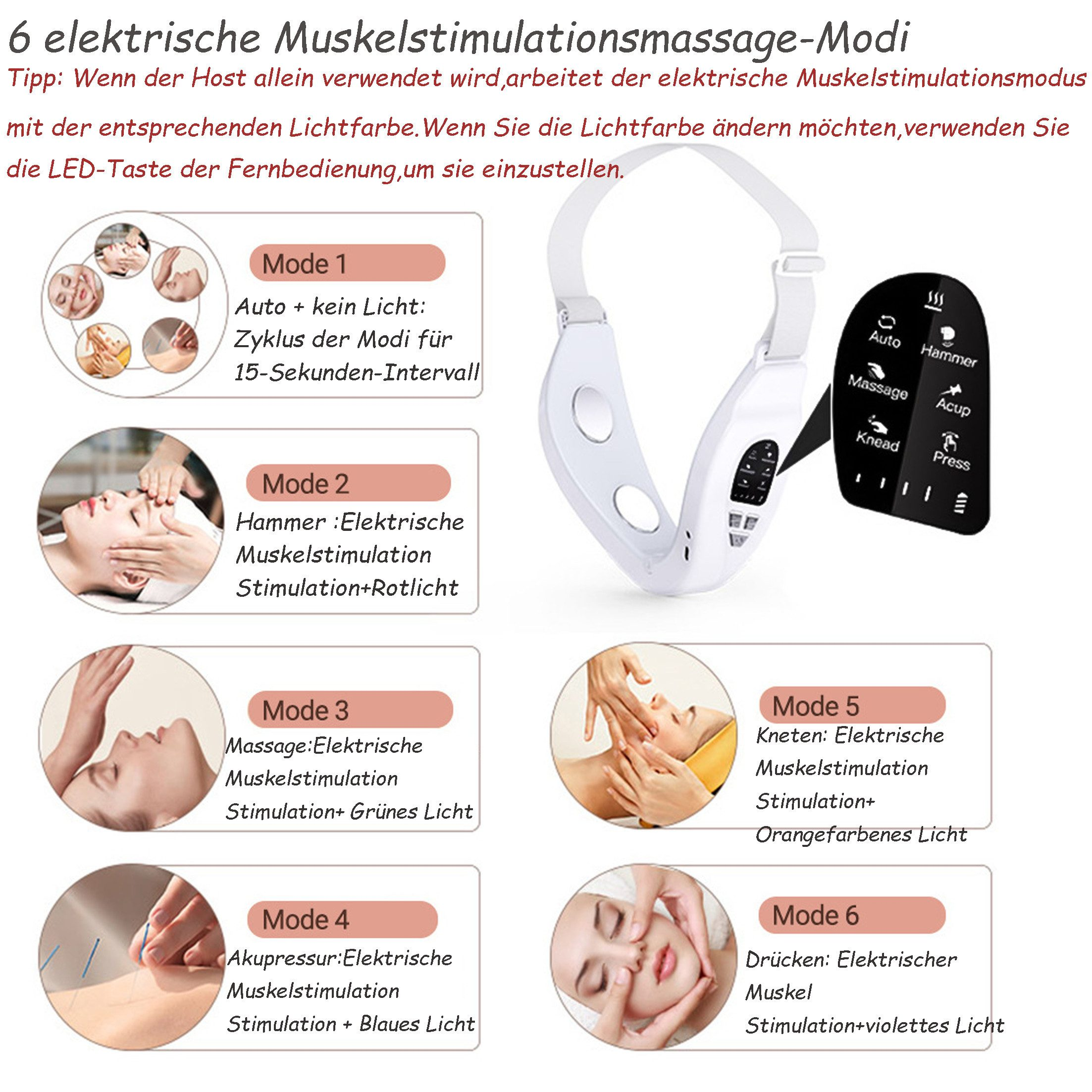 Ein elektrisches Massagegerät mit 6 Modi und verschiedenen Lichtern für die Gesichtspflege.