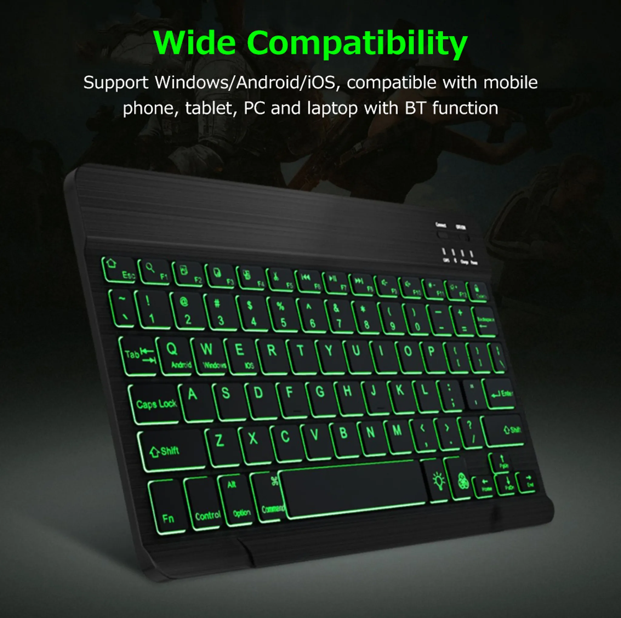 Ein schwarzes Keyboard mit grüner Beleuchtung und Text.