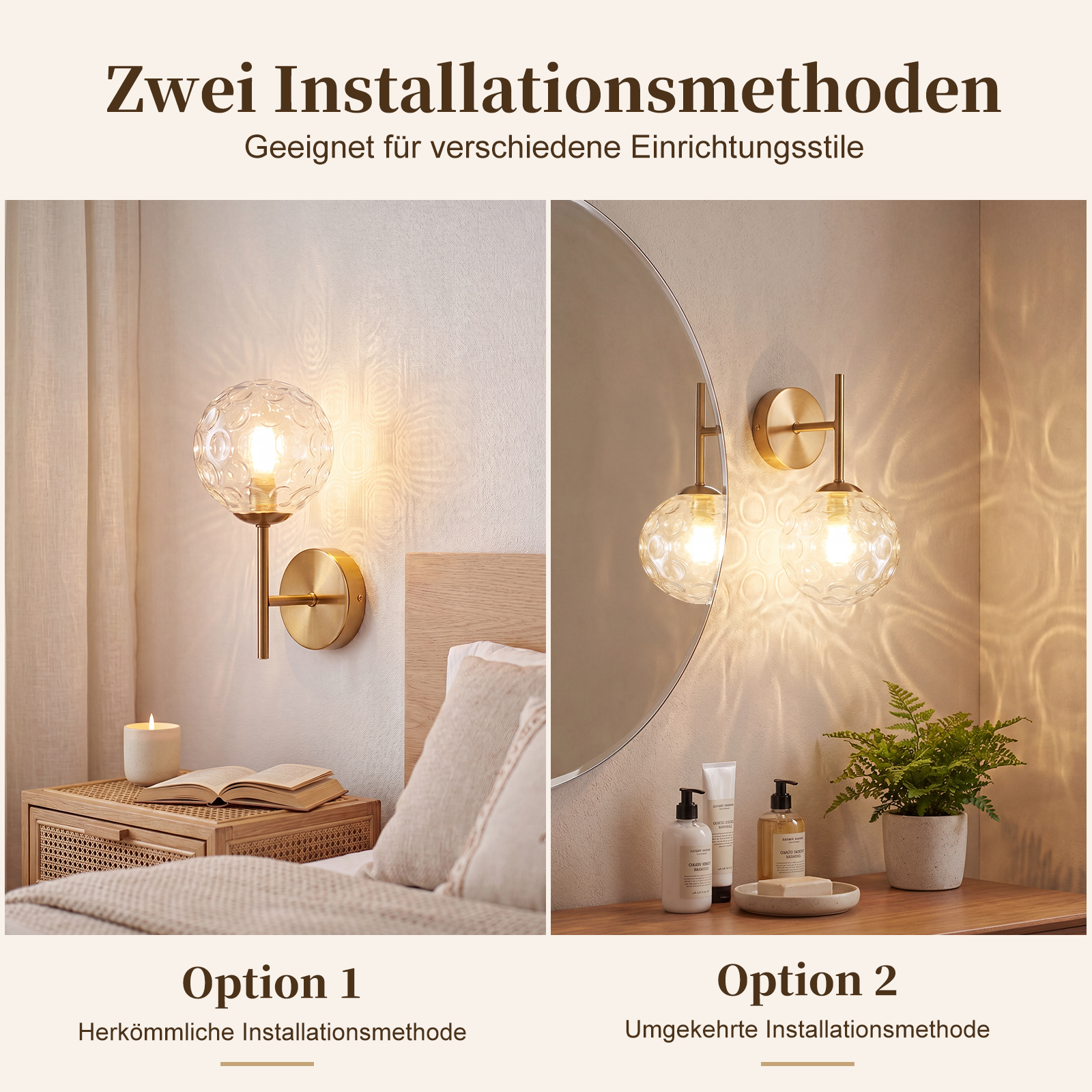 Dwie lampy ścienne ze szklanymi kulami, jedna nad łóżkiem, druga nad lustrem.