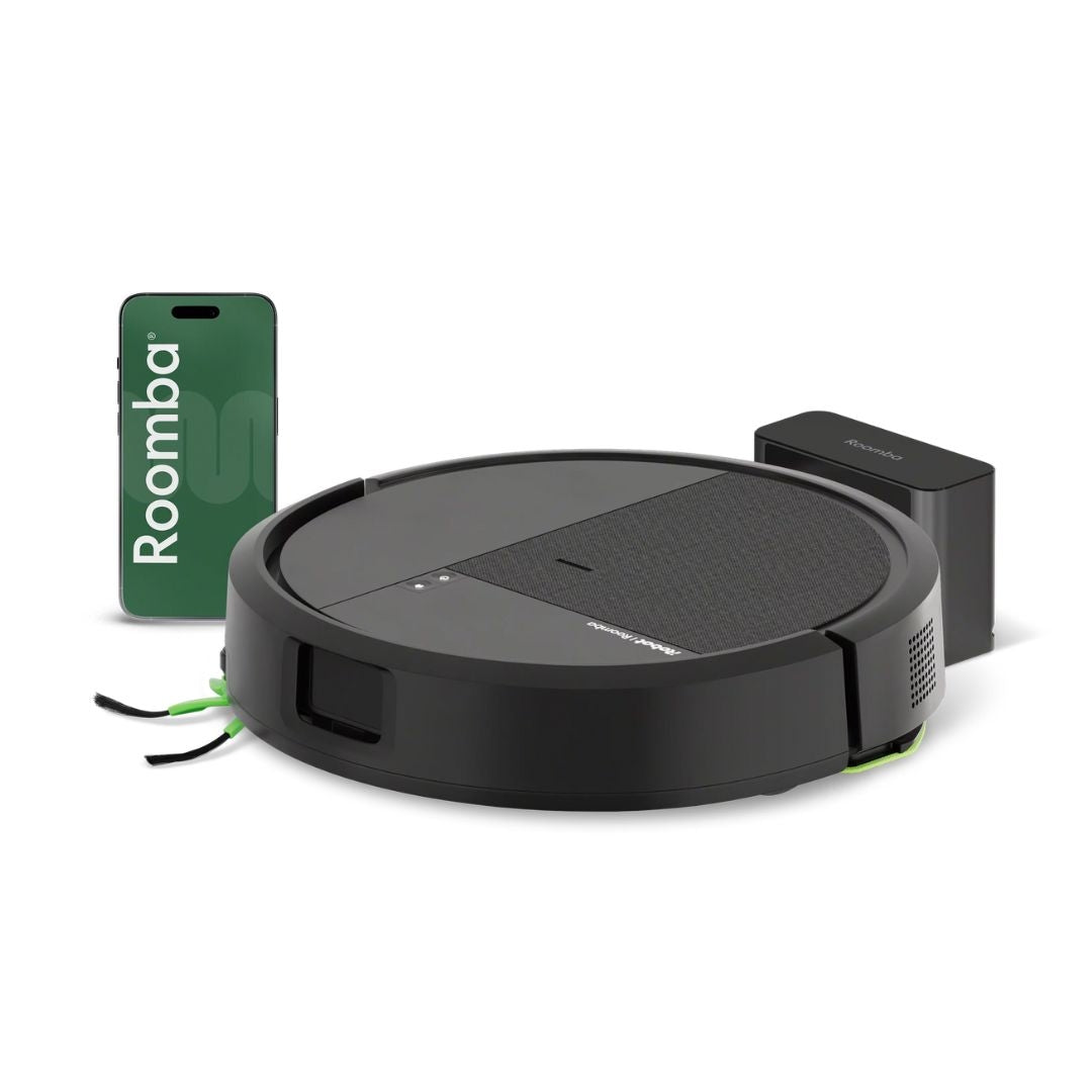 Un robot aspirador negro con dos cepillos laterales y una base de carga.