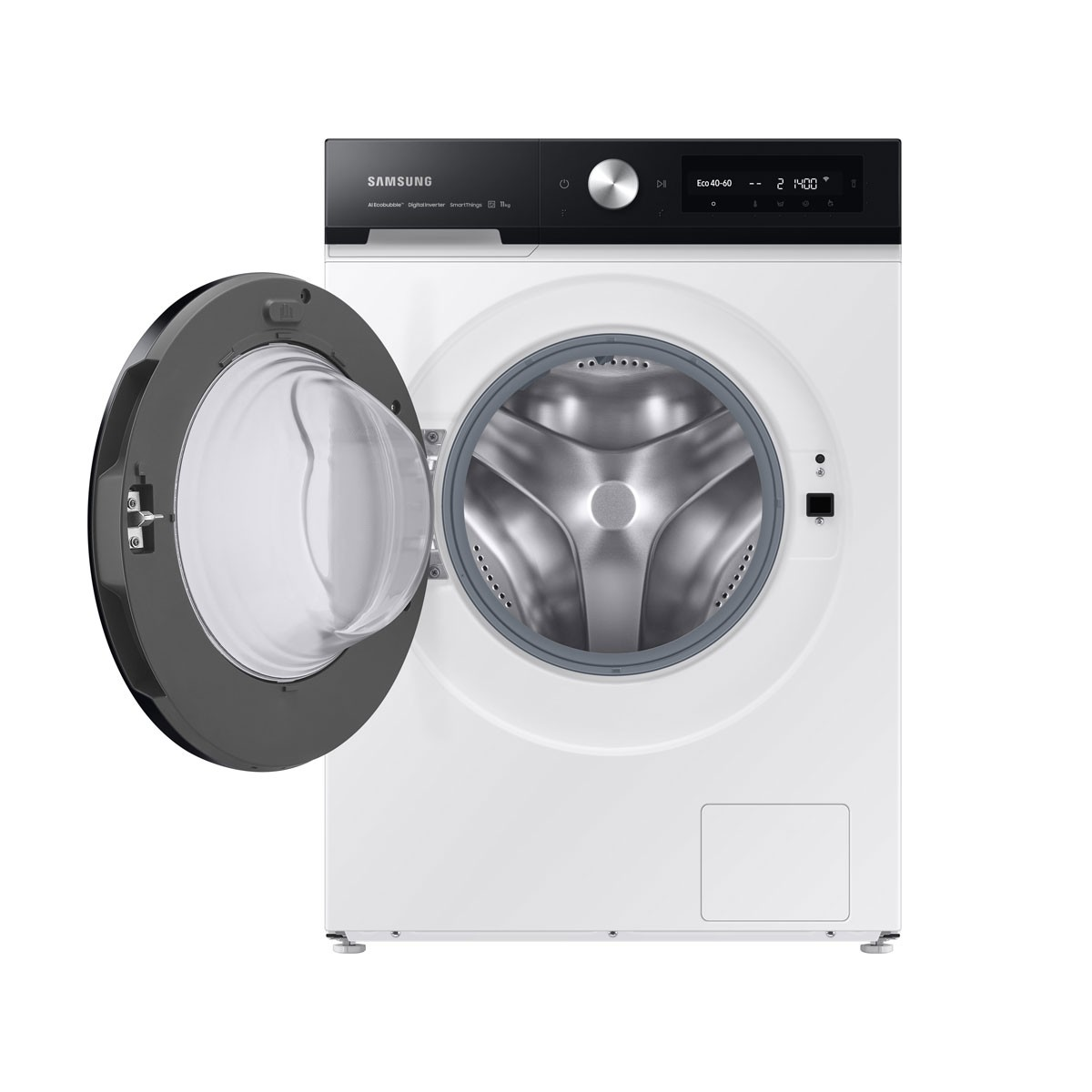 Eine weiße Samsung-Waschmaschine mit offener Tür, die die Trommel freilegt.