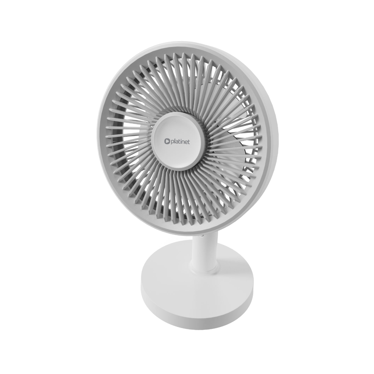 Ein weißer Tischventilator mit runden Sockel und vertikalen Lamellen.