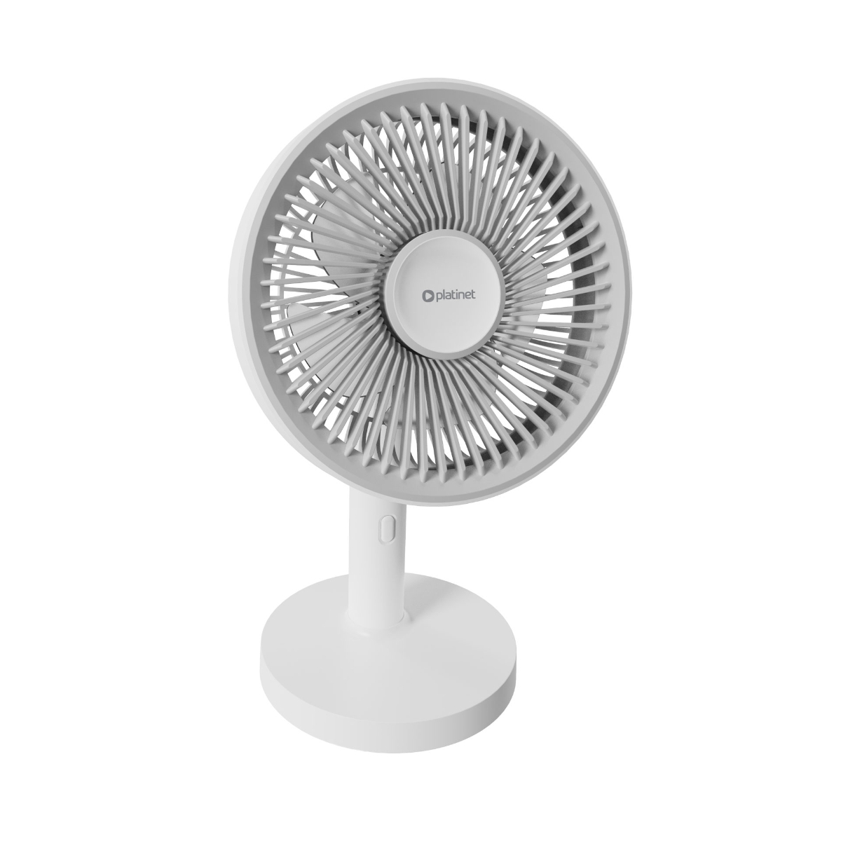 Ein weißer Tischventilator mit rundem Sockel und Gitter.