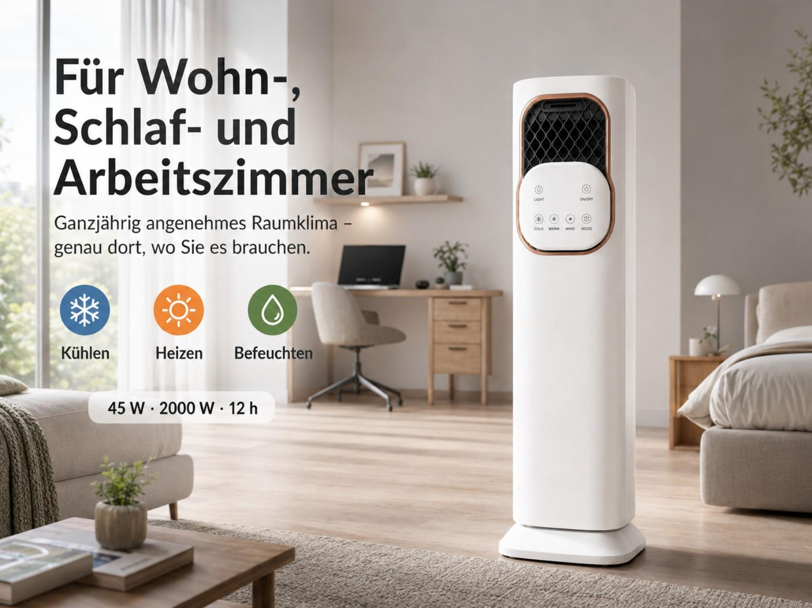 Ein weißer Turmlüfter im Schlafzimmer mit Schreibtisch, Bett und Sofa. Kühl-, Heiz- und Befeuchtungsfunktionen.
