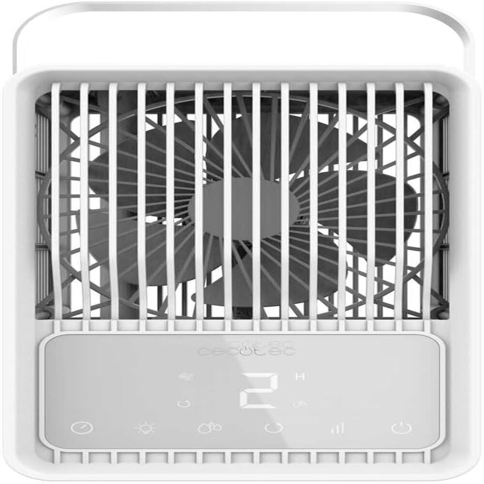 Ein weißer Ventilator mit schwarzem Rotor, der durch ein Gitter geschützt ist.