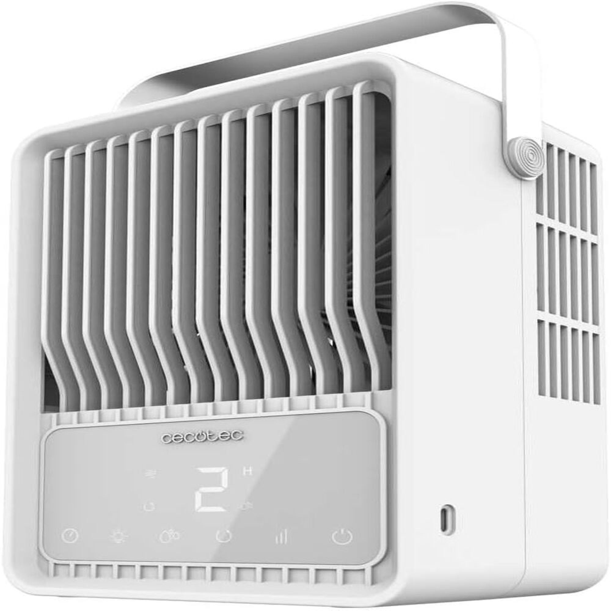 Ein weißer tragbarer Ventilator mit Lüftungsschlitzen und einem digitalen Display.