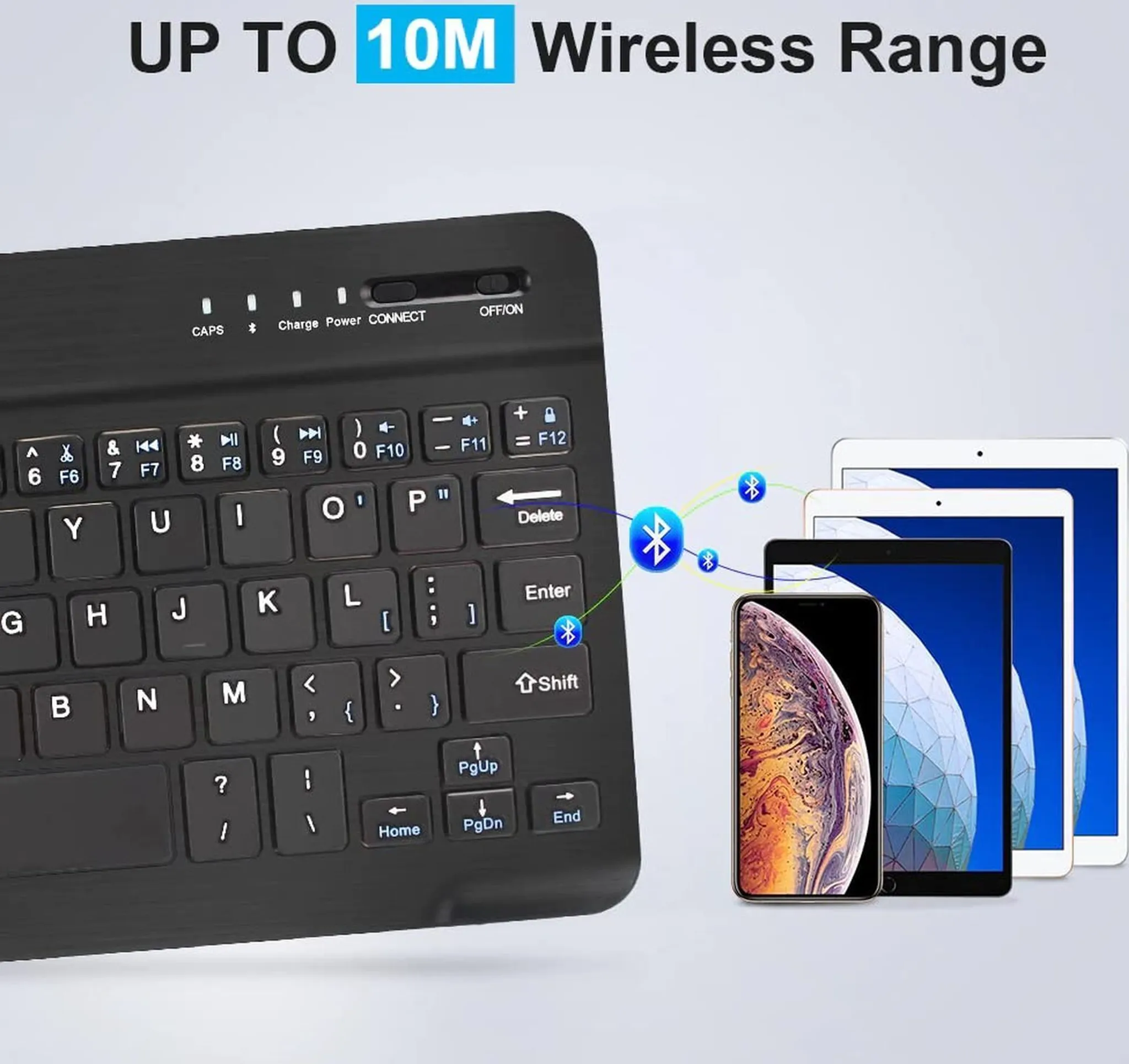 Schwarze Tastatur mit Tablets und Telefon, die drahtlose Verbindung zeigen.