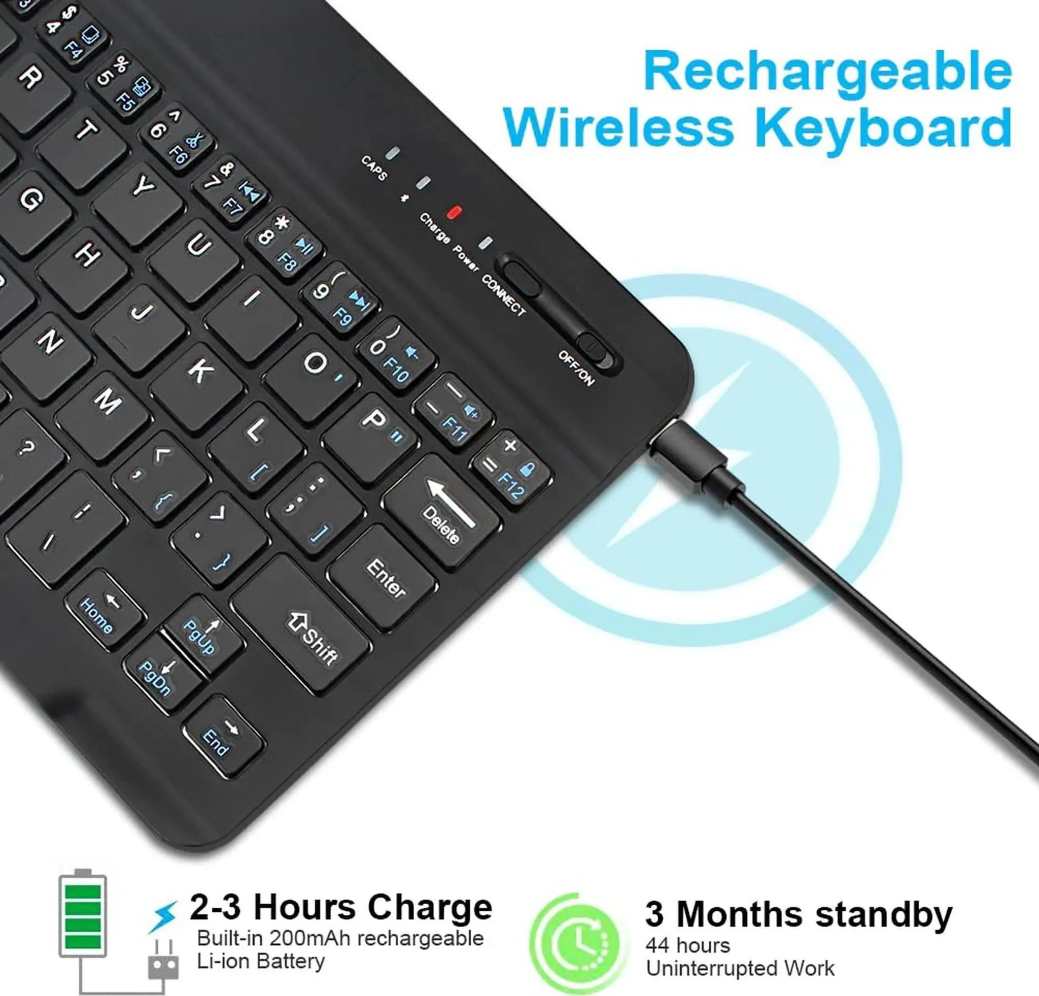 Schwarze wiederaufladbare kabellose Tastatur mit USB-C-Ladekabel.