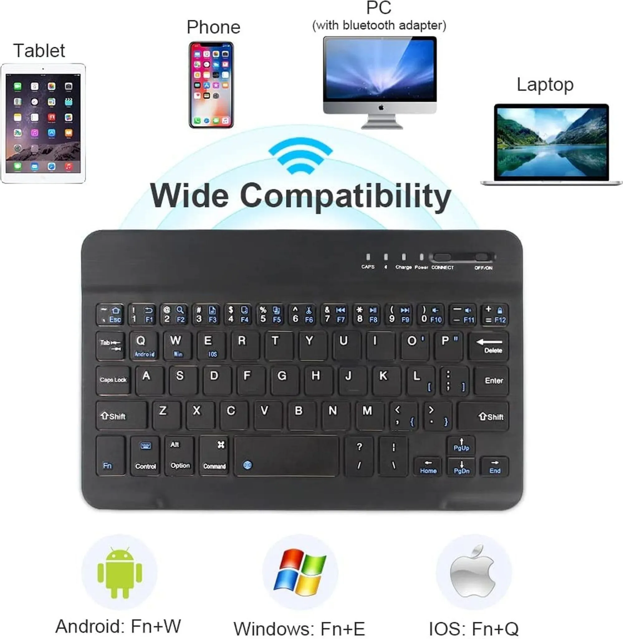 Eine schwarze Tastatur zeigt breite Kompatibilität mit Tablets, Handys, PCs und Laptops.