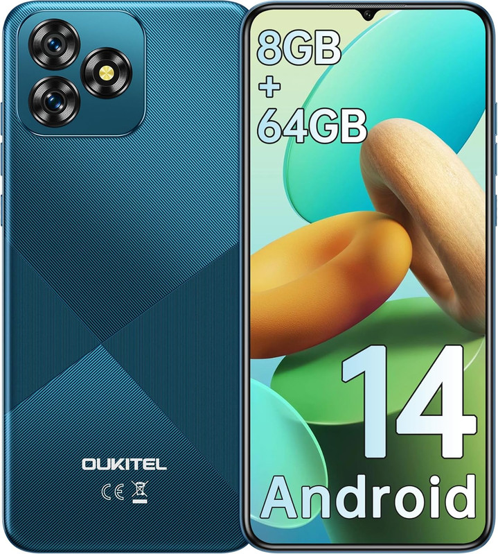 Teléfono inteligente azul con 3 cámaras traseras y 8GB+64GB en la pantalla.
