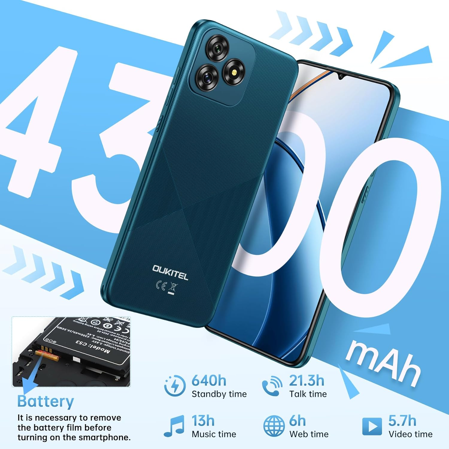 Un smartphone OUKITEL azul con batería de 4300mAh y tiempos de uso.