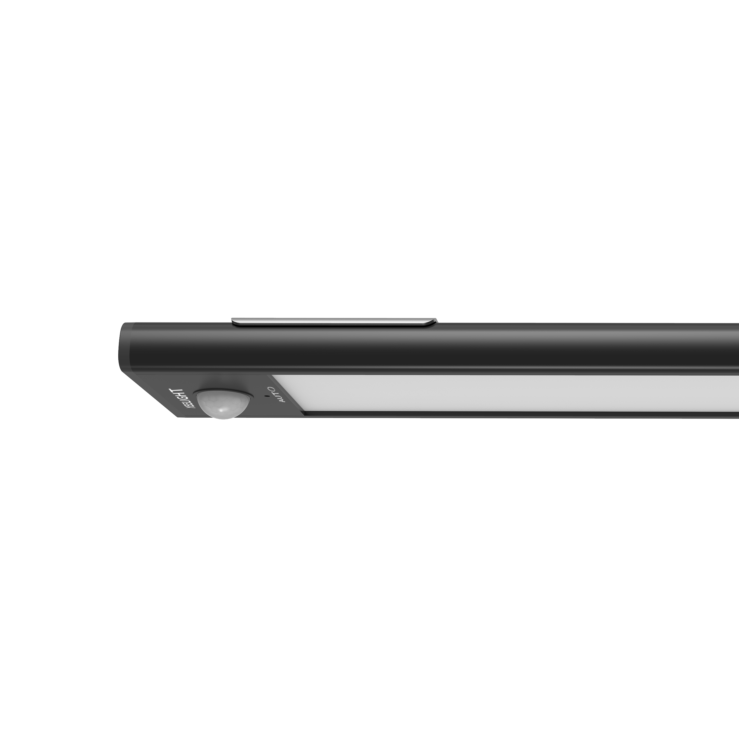 Striscia LED nera con sensore di movimento ed etichetta.