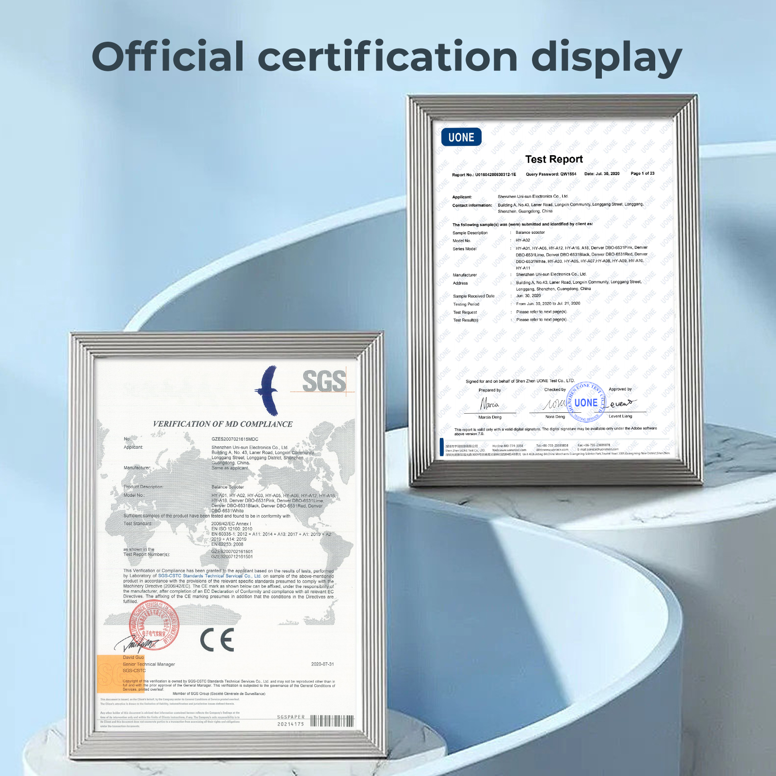 Due certificati, uno da UONE e uno da SGS, sono esposti su sfondo azzurro.