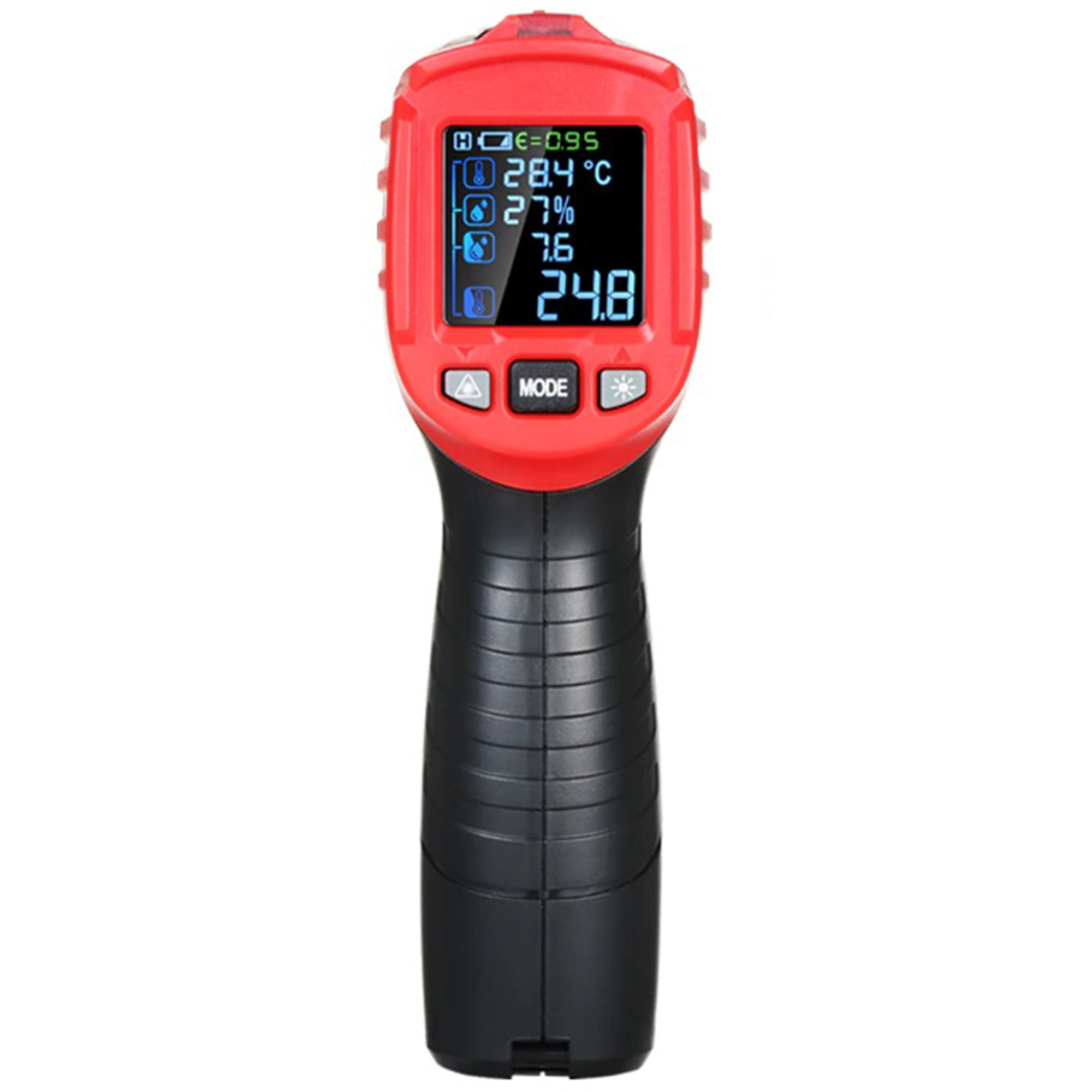 Czerwono-czarny cyfrowy termometr z ekranem LCD wyświetlającym temperatury.